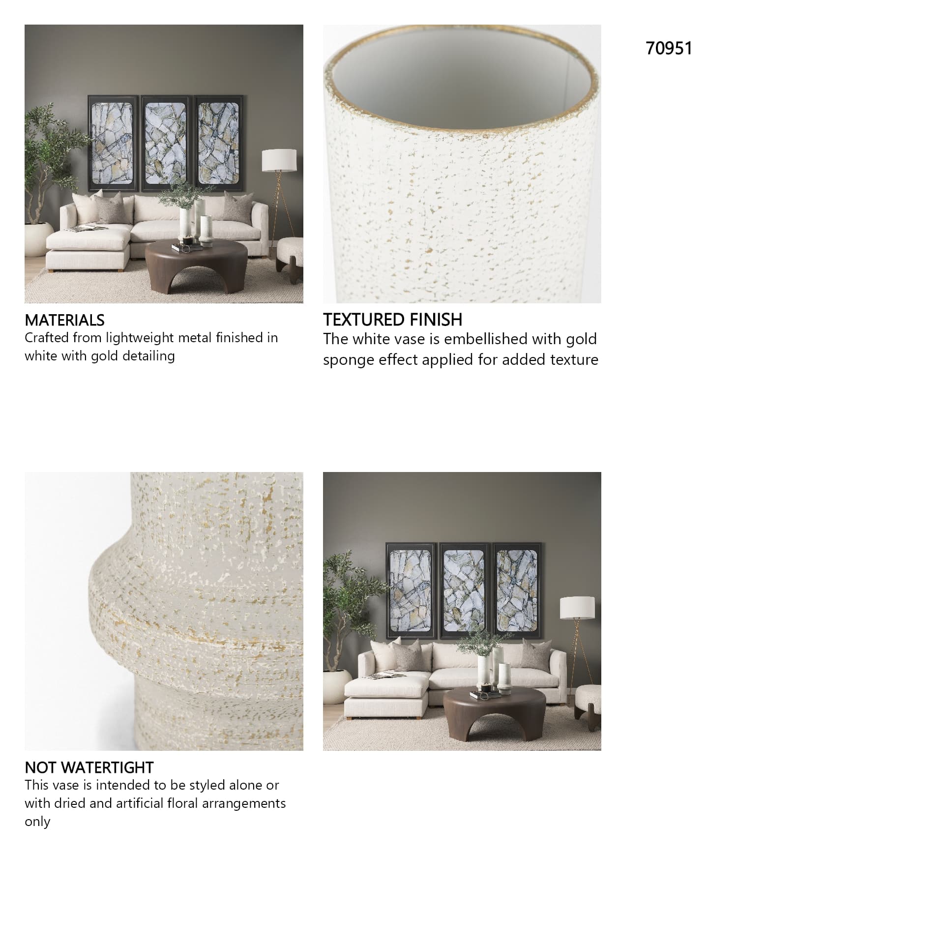 Tovah Medium Textured White w/ Gold Metal Vase — in a styled room
