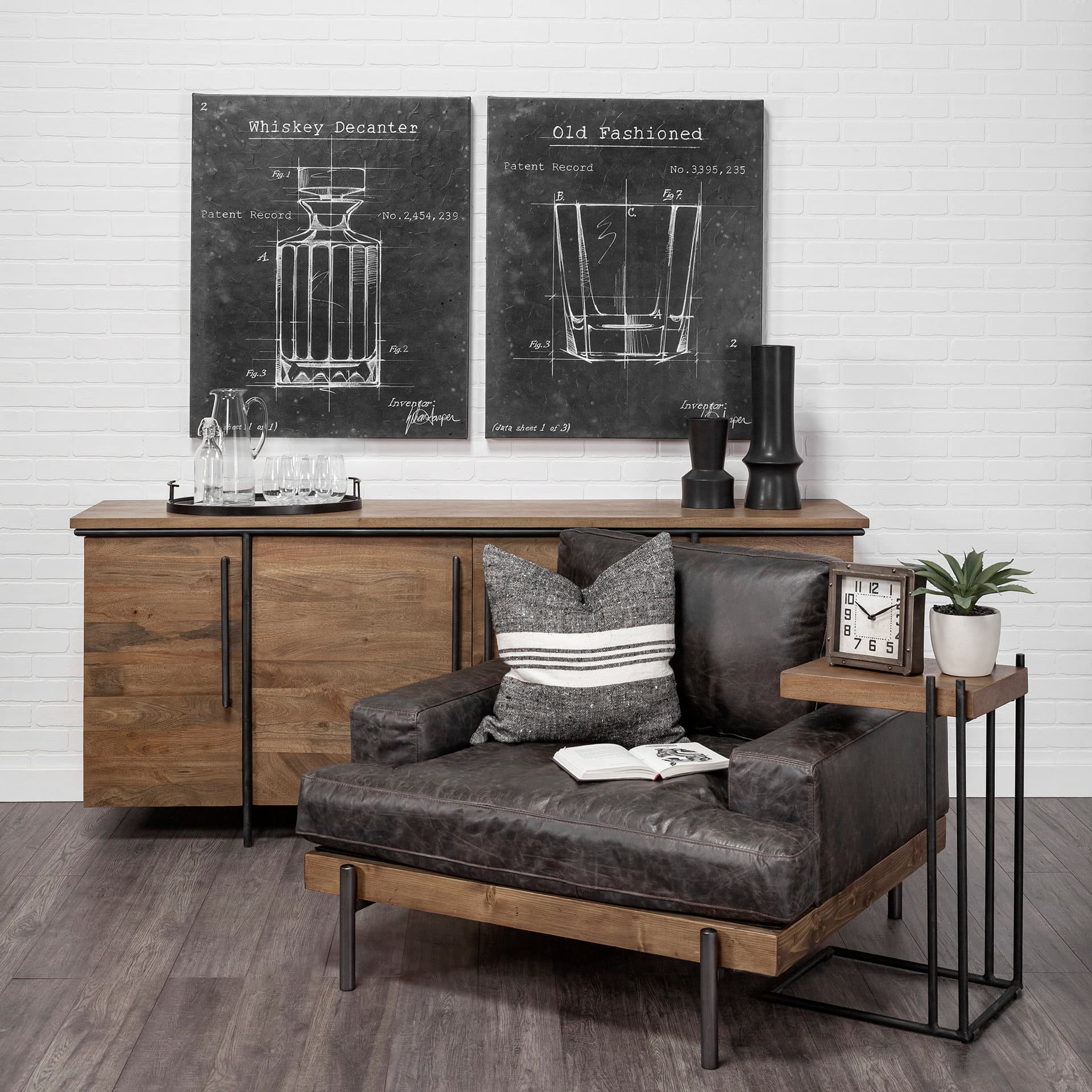 Maddox 16L x 13.5W x 27H Medium Brown Wood w/ Black Metal C-shaped End/Side Table — product photograph