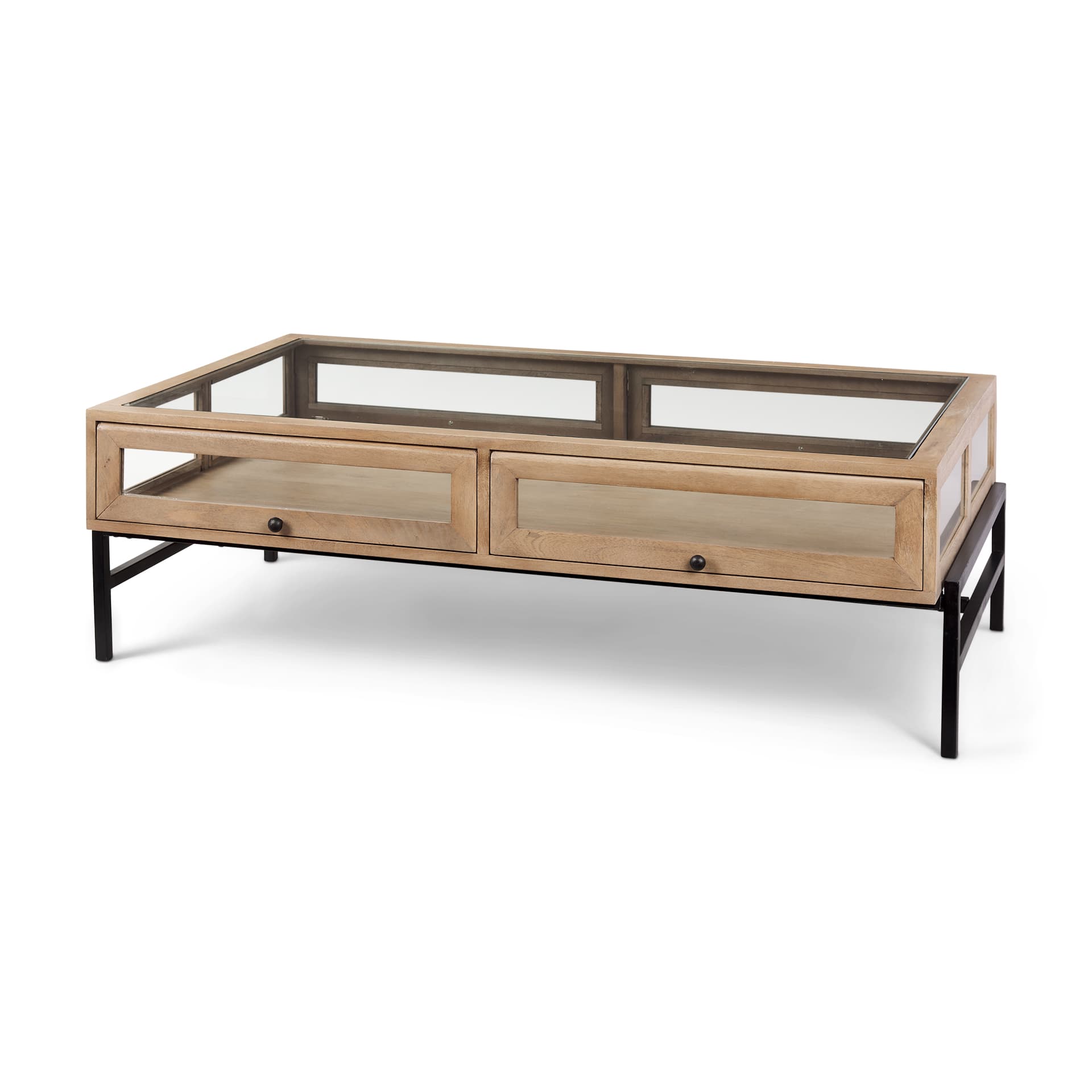 Arelius 49.5"L Rectangular Light Brown Wood w/ Black Metal Base Display Coffee Table — product photograph
