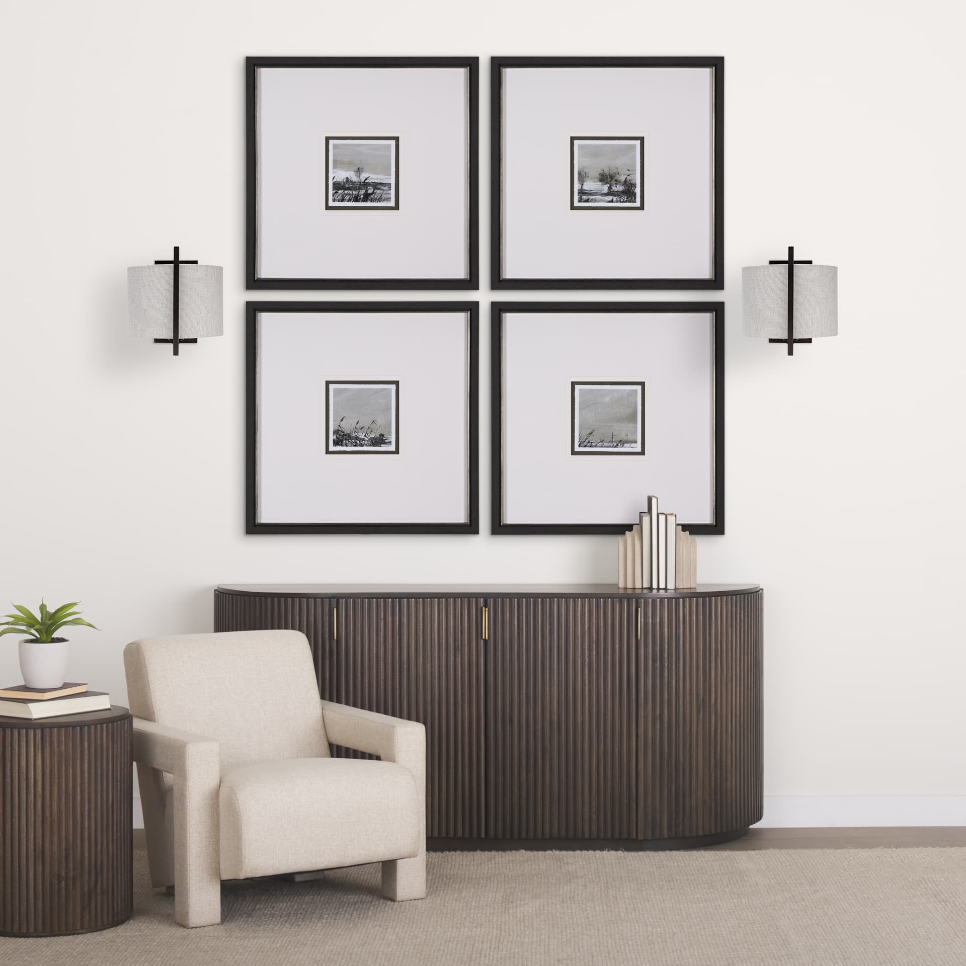 Smithe I 9x13 Black Toned Metal Cream Lampshade Wall Sconce — in a styled room