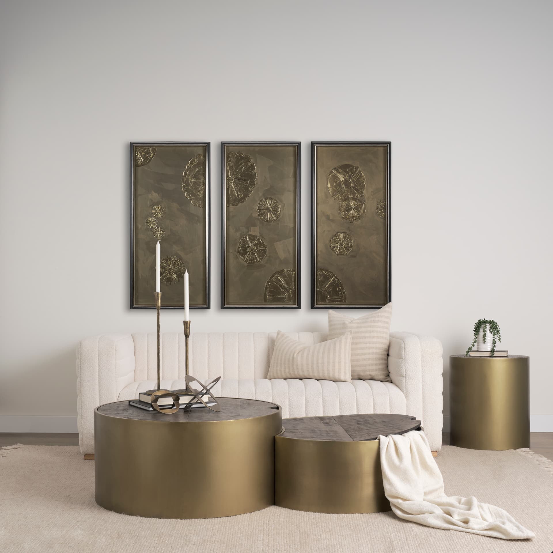 Eclipse Antique Brass Metal Drum Base w/ Dark Brown Wood Top Nested Coffee Table — in a styled room