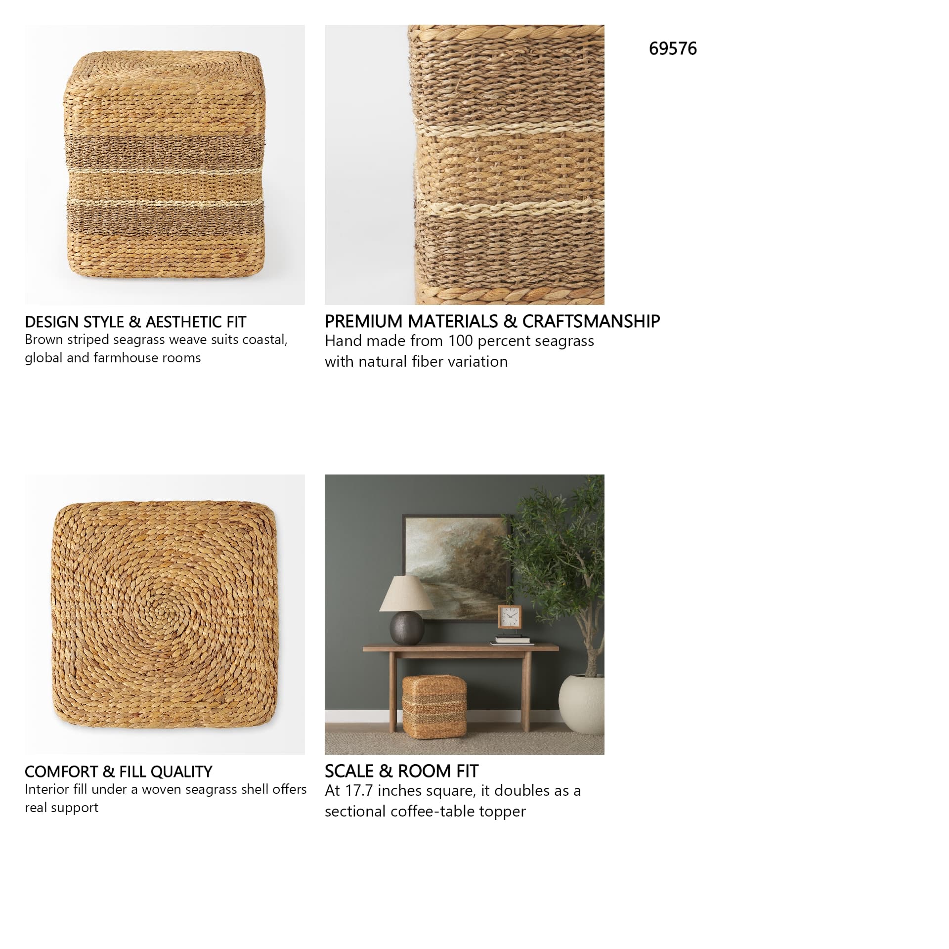 Maya 17.7L x 17.7W x 17.7H Light Brown W/Medium Brown Stripes Seagrass Square Pouf — in a styled room