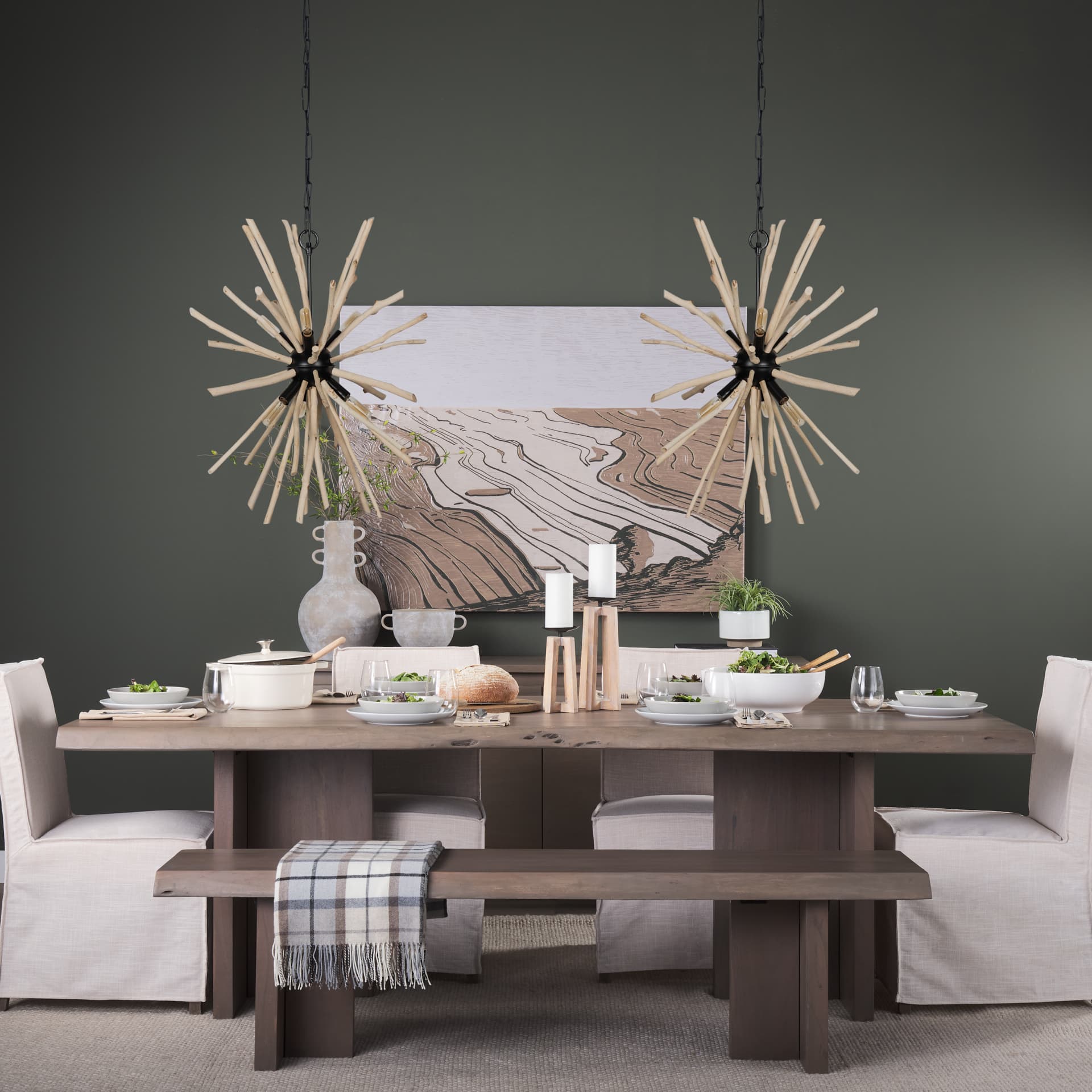 Jules 25x25 Blonde Wood and Black Metal Six Bulb Chandelier Light — in a styled room