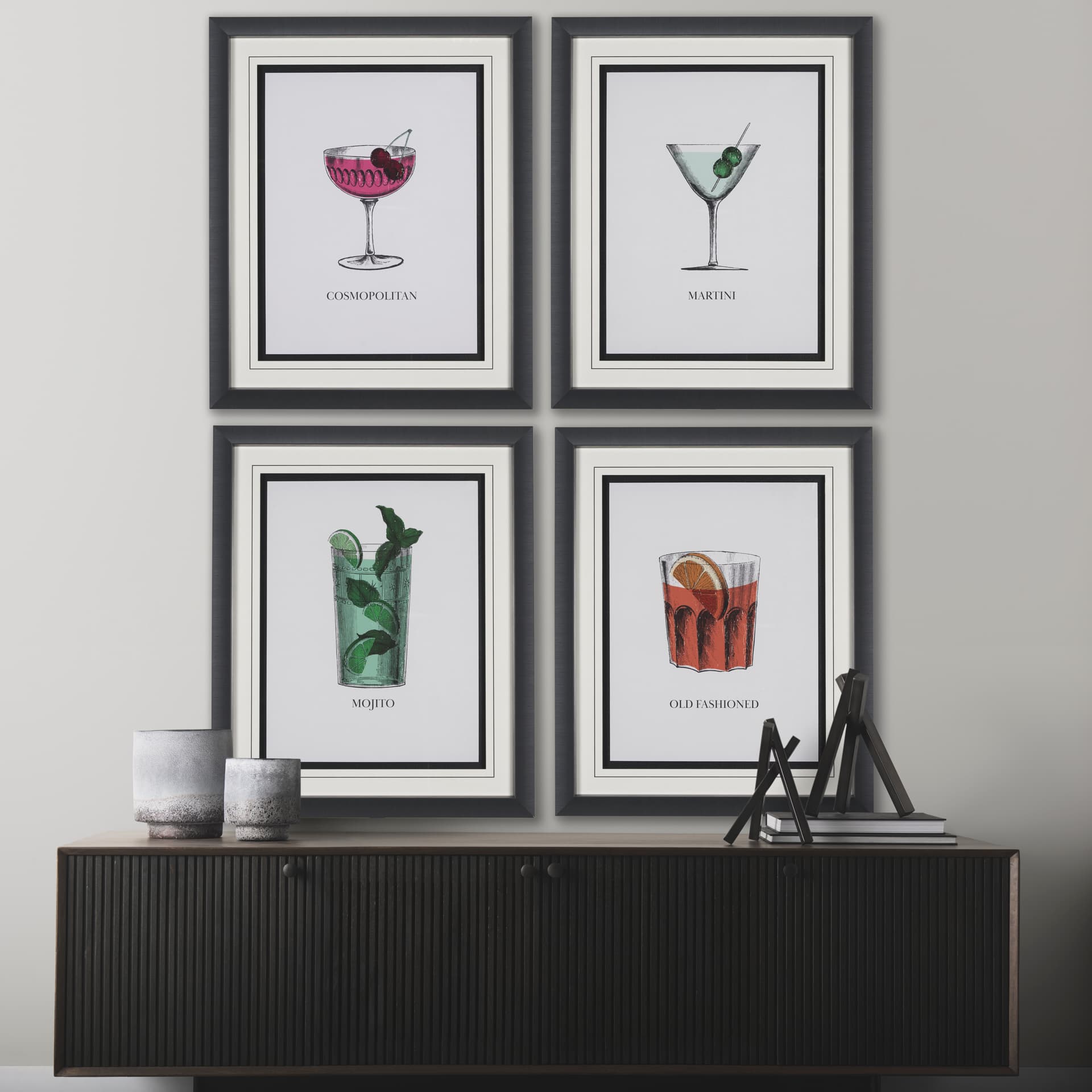 Vintage Cocktails-Mojito by Gwen Aspell Hand Embelished Textured Framed Art Print Matted under Glass — in a styled room