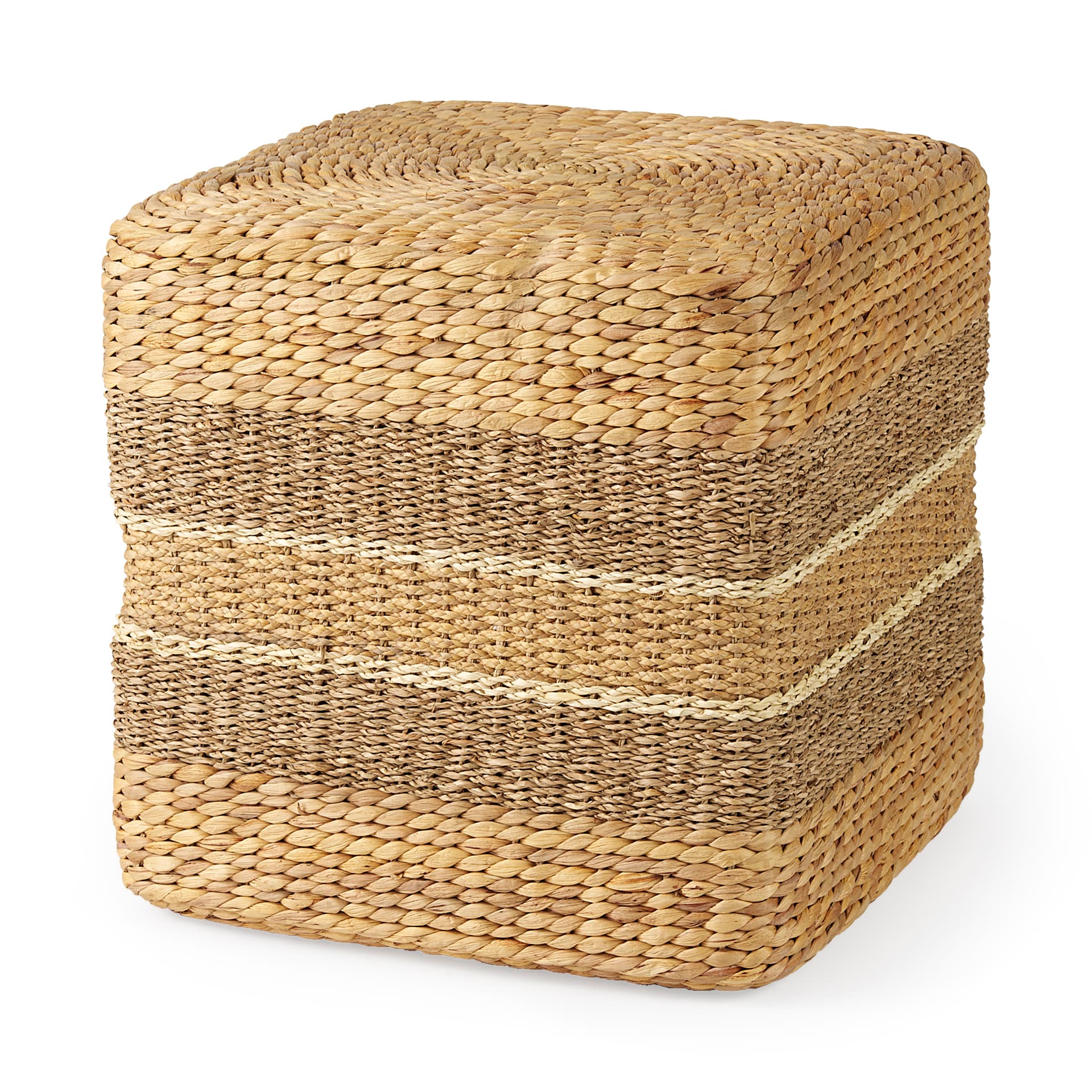 Maya 17.7L x 17.7W x 17.7H Light Brown W/Medium Brown Stripes Seagrass Square Pouf — product photograph