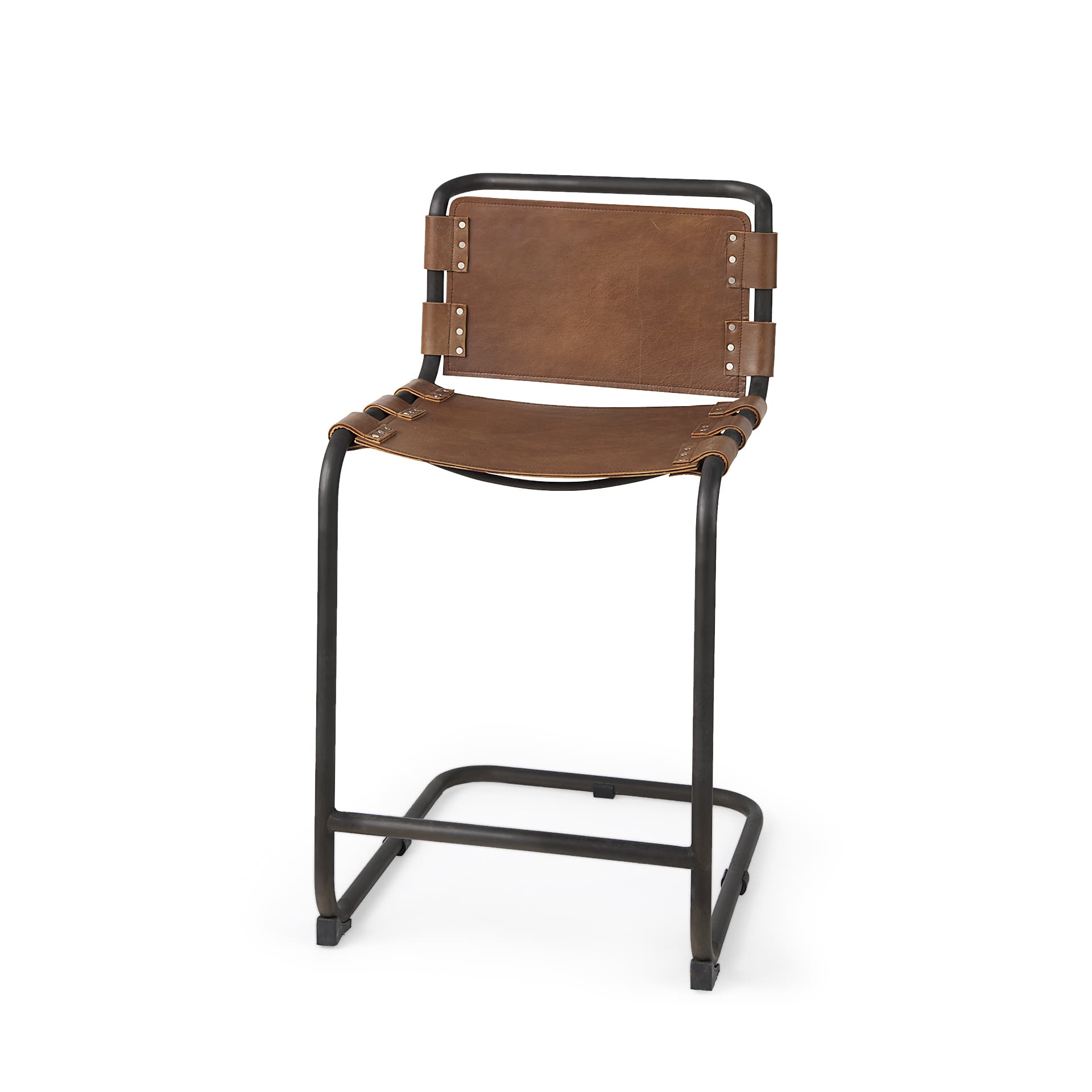 Berbick Low Back 26in Seat Counter Stool | Brown Leather w/ Gray Metal — product photograph