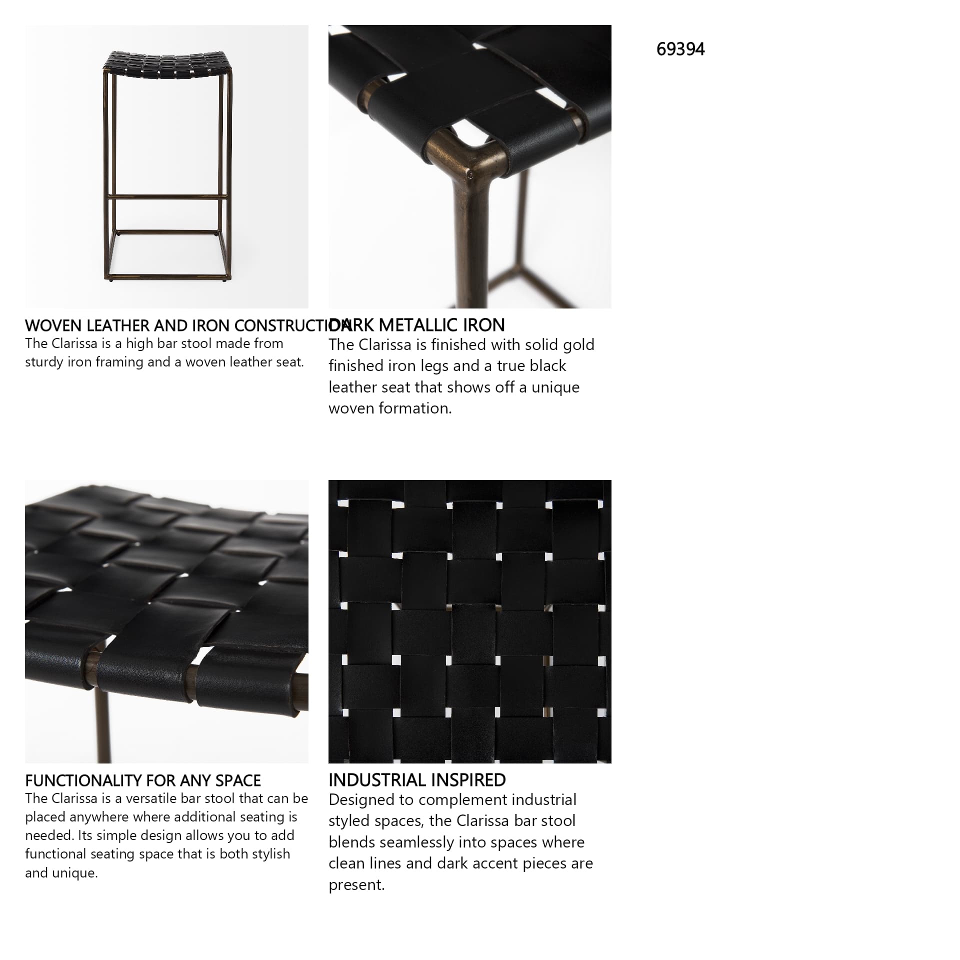 Clarissa Backless 30.25in Seat Bar Stool | Black Leather w/ Gold Metal — product photograph