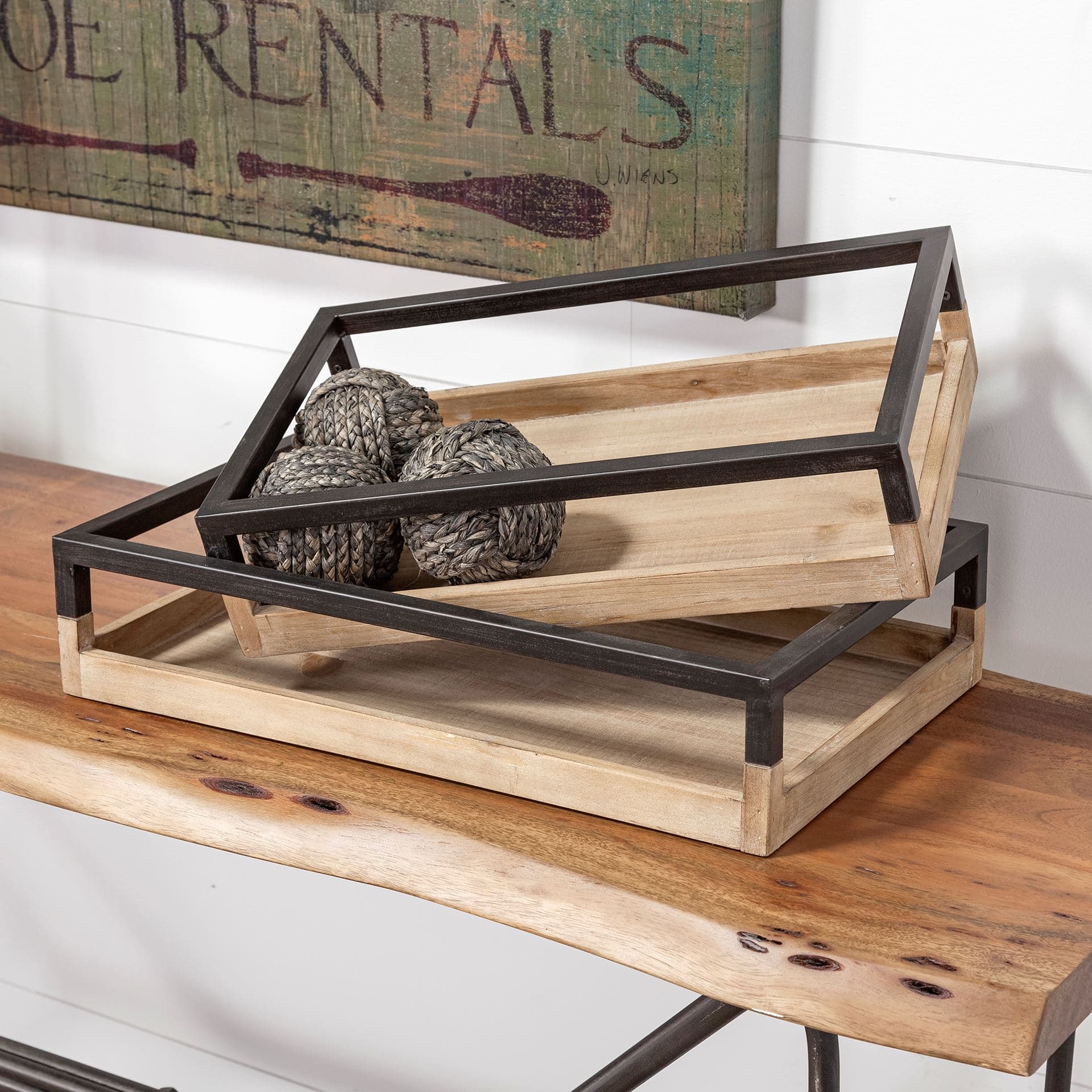Ross Set of 2 Natural Wood W/ Black Metal Nesting Trays — product photograph