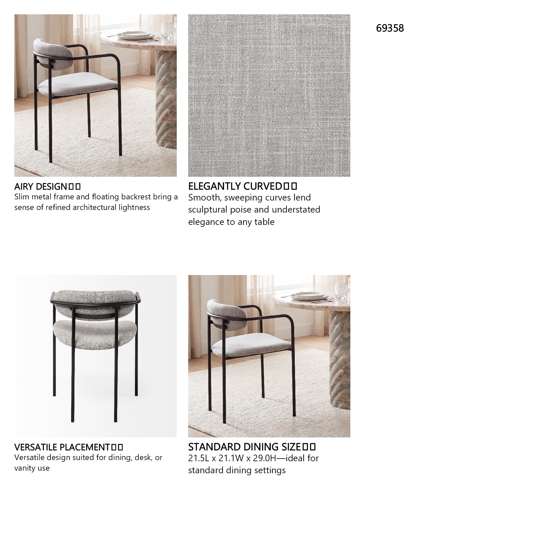 Parker Curved Back Dining Arm Chair | Gray Fabric w/ Black Metal — in a styled room