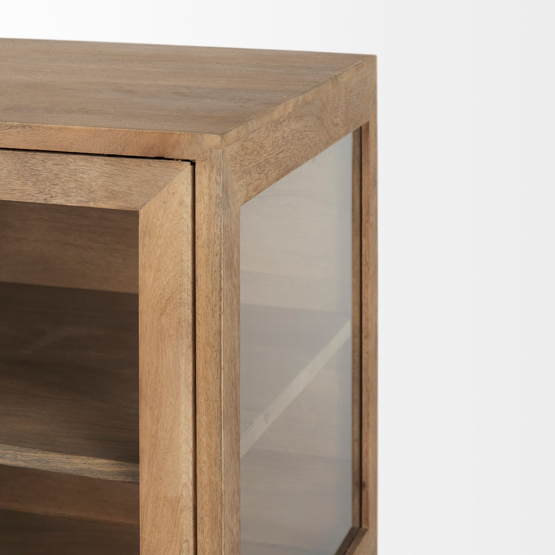 Arelius 36L x 18W x 32H Light Brown Wood, Black Metal Base w/ 2 Glass Doors Accent Cabinet — product photograph