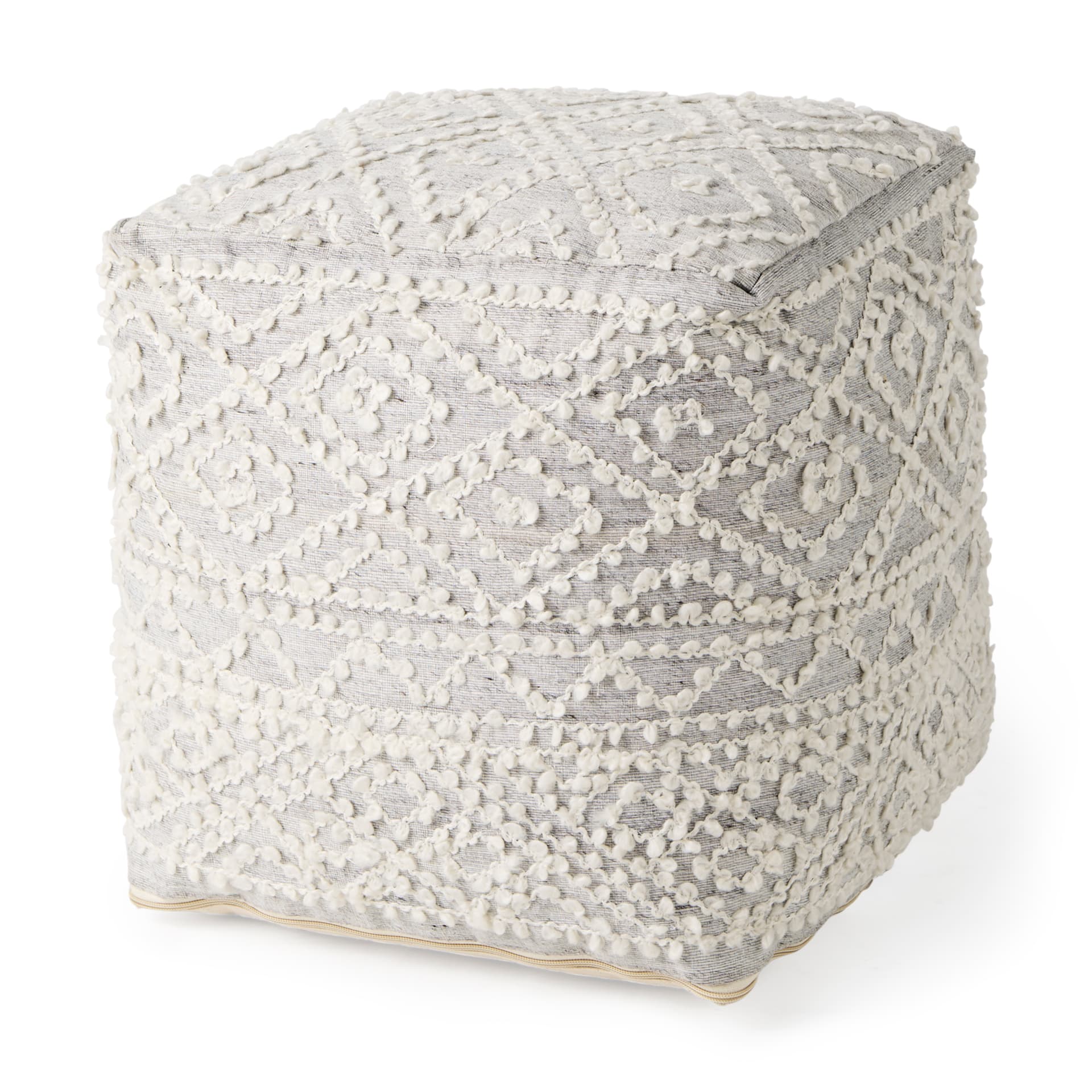 Farida 6.0L x 16.0W x 16.0H Light Gray Wool and Polyester Patterned Pouf — product photograph