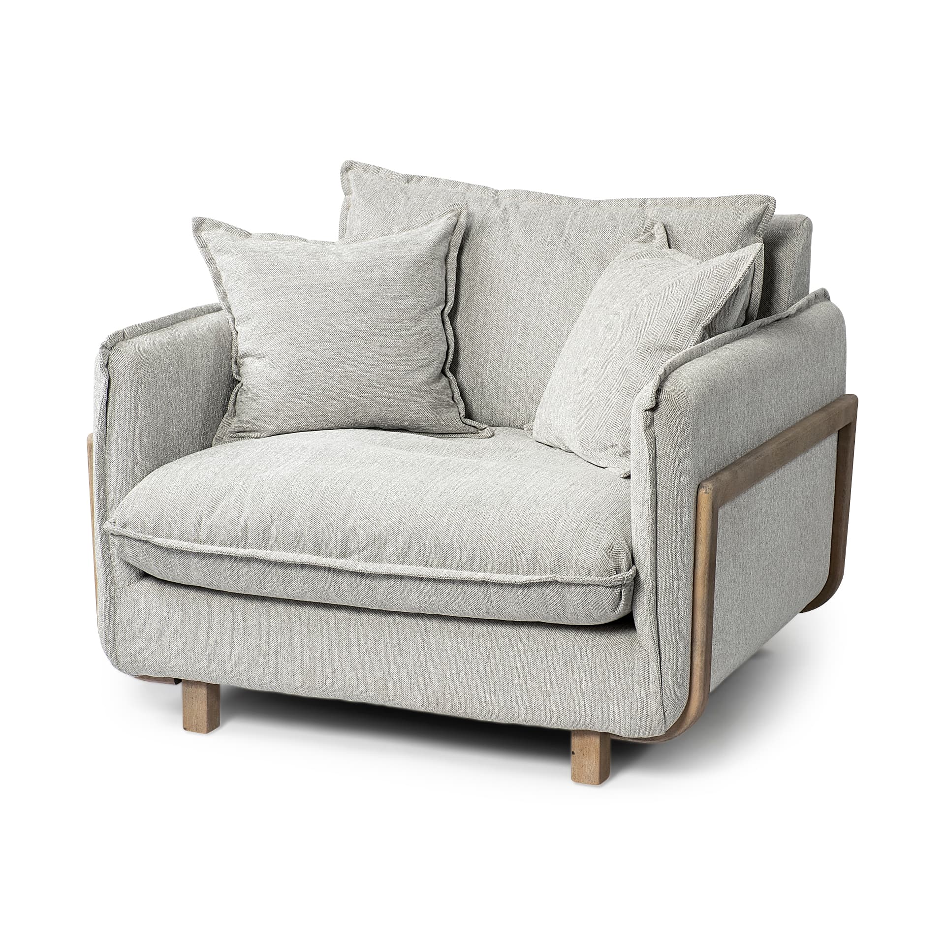 Roy II Frost Gray Upholstered and Brown Wood Frame Arm Chair — product photograph
