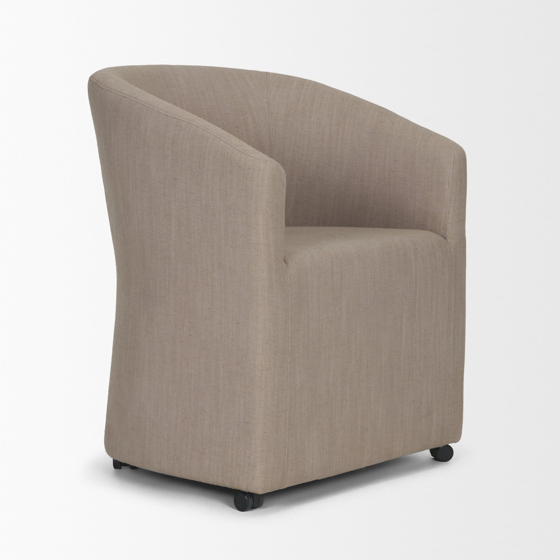 Sondra Barrel Back Dining Arm Chair | Gray Fabric w/ Wood — product photograph