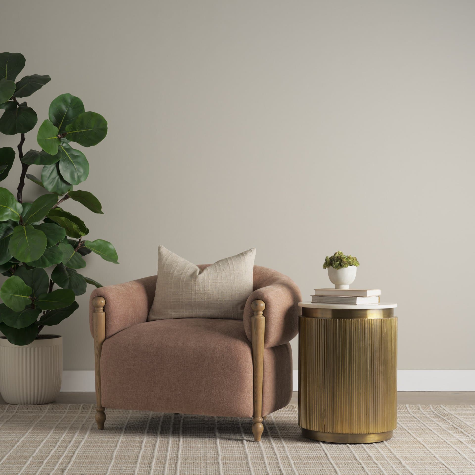 Margaux Sienna Fabric Open Back Barrel Accent Chair — in a styled room