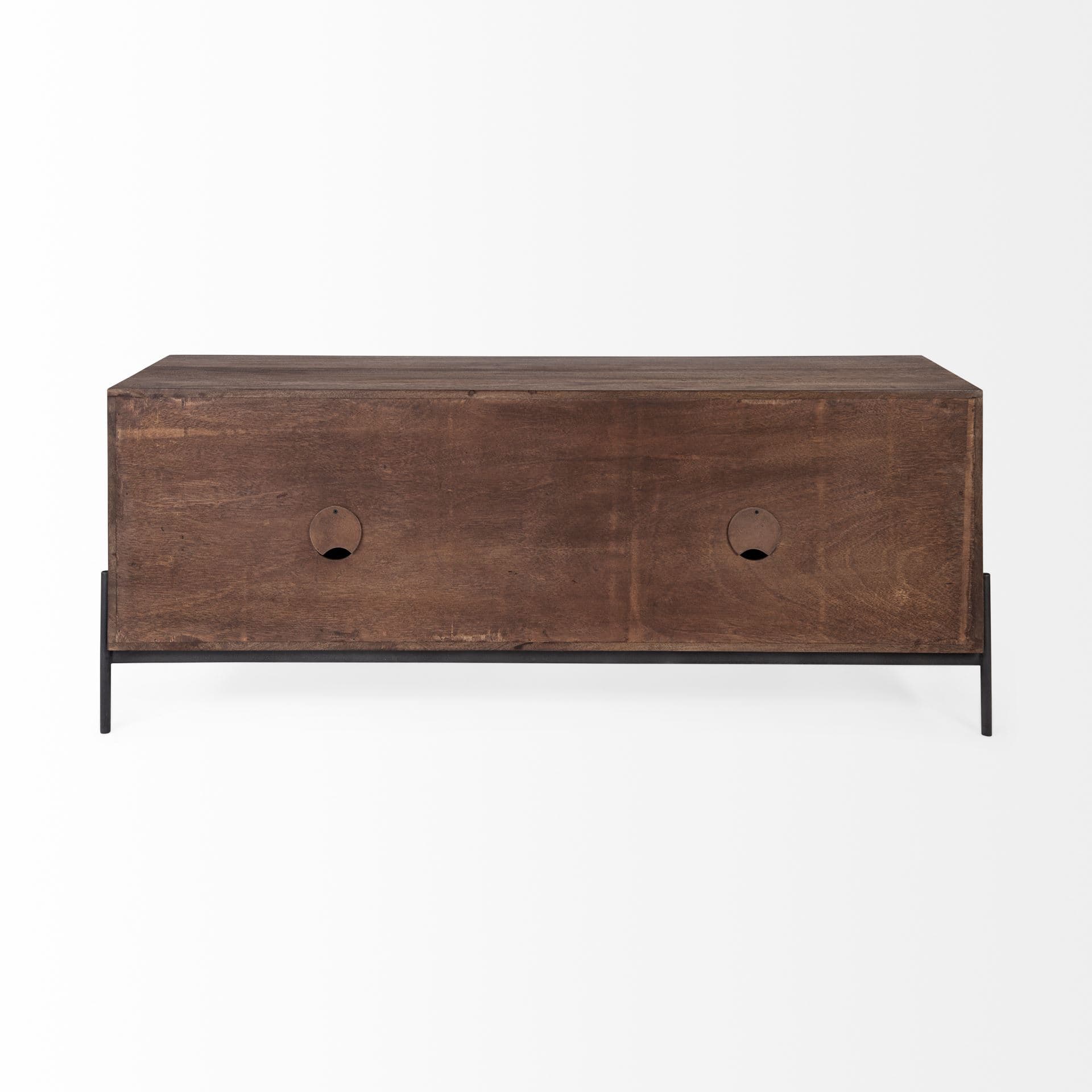 Glenn IV Dark Brown Wood w/ Black Iron Frame Media Console w/ Storage, TV Stand for TV up to 71" — product photograph