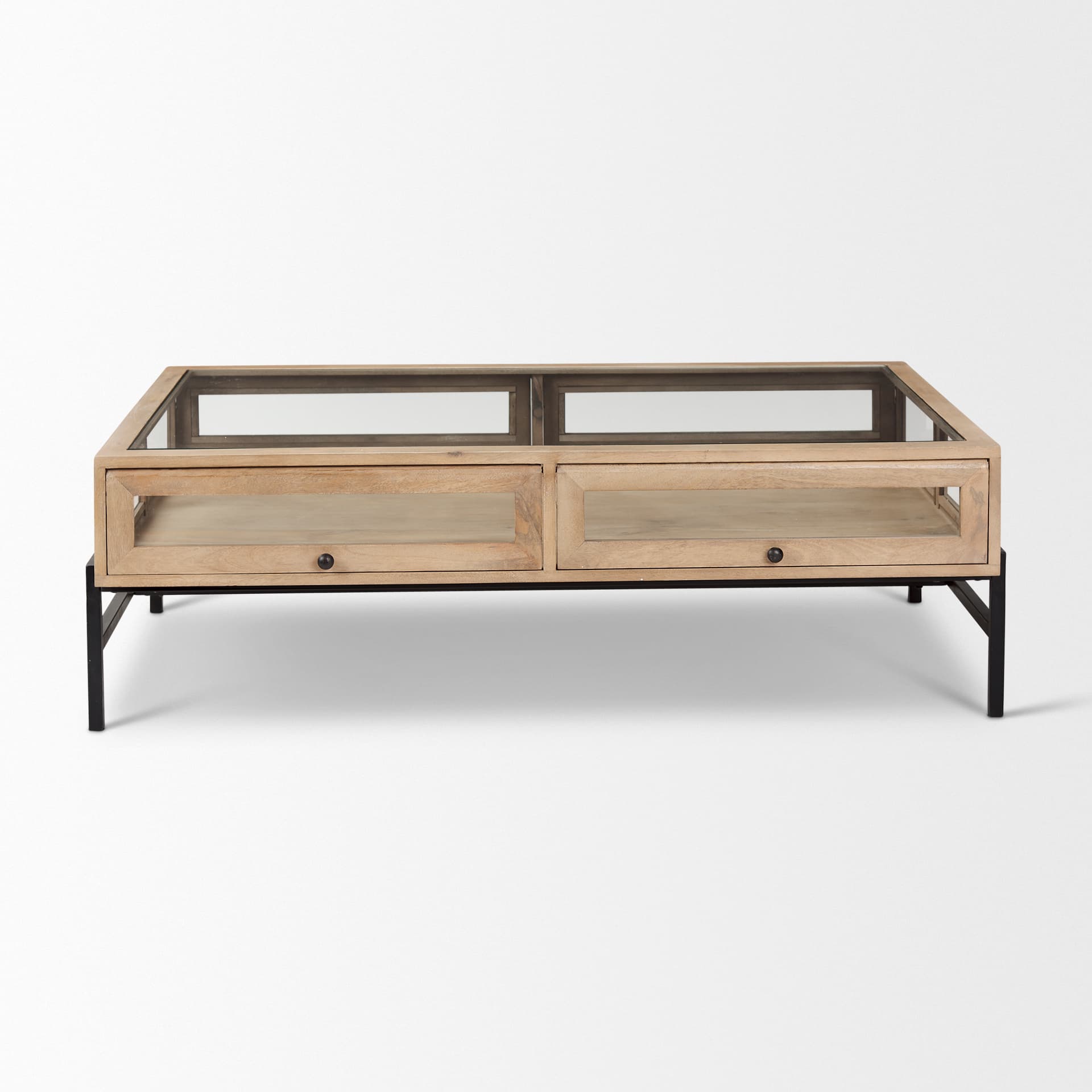 Arelius 49.5"L Rectangular Light Brown Wood w/ Black Metal Base Display Coffee Table — product photograph