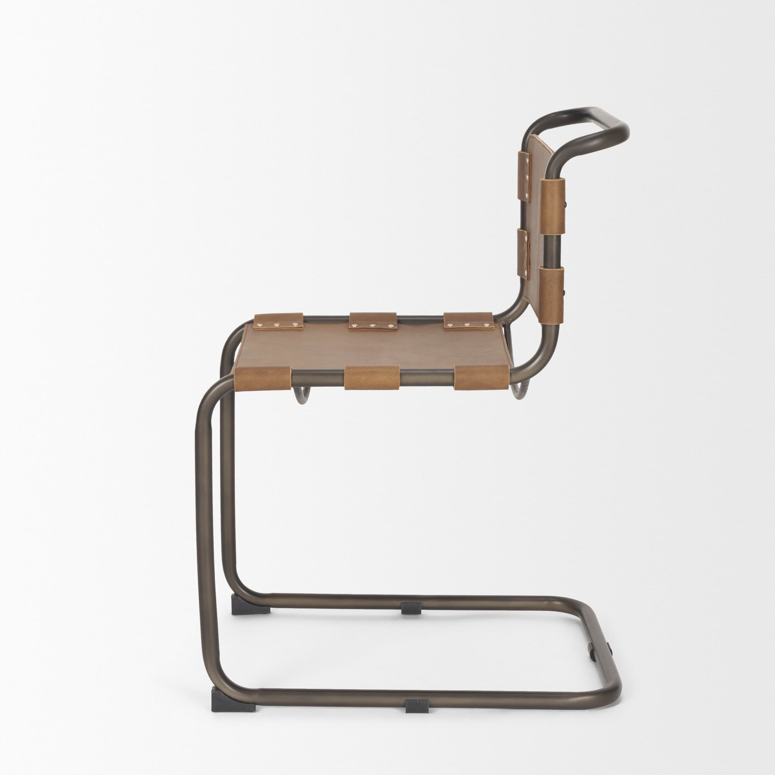 Berbick Open Back Dining Side Chair | Medium Brown Leather w/ Iron — product photograph