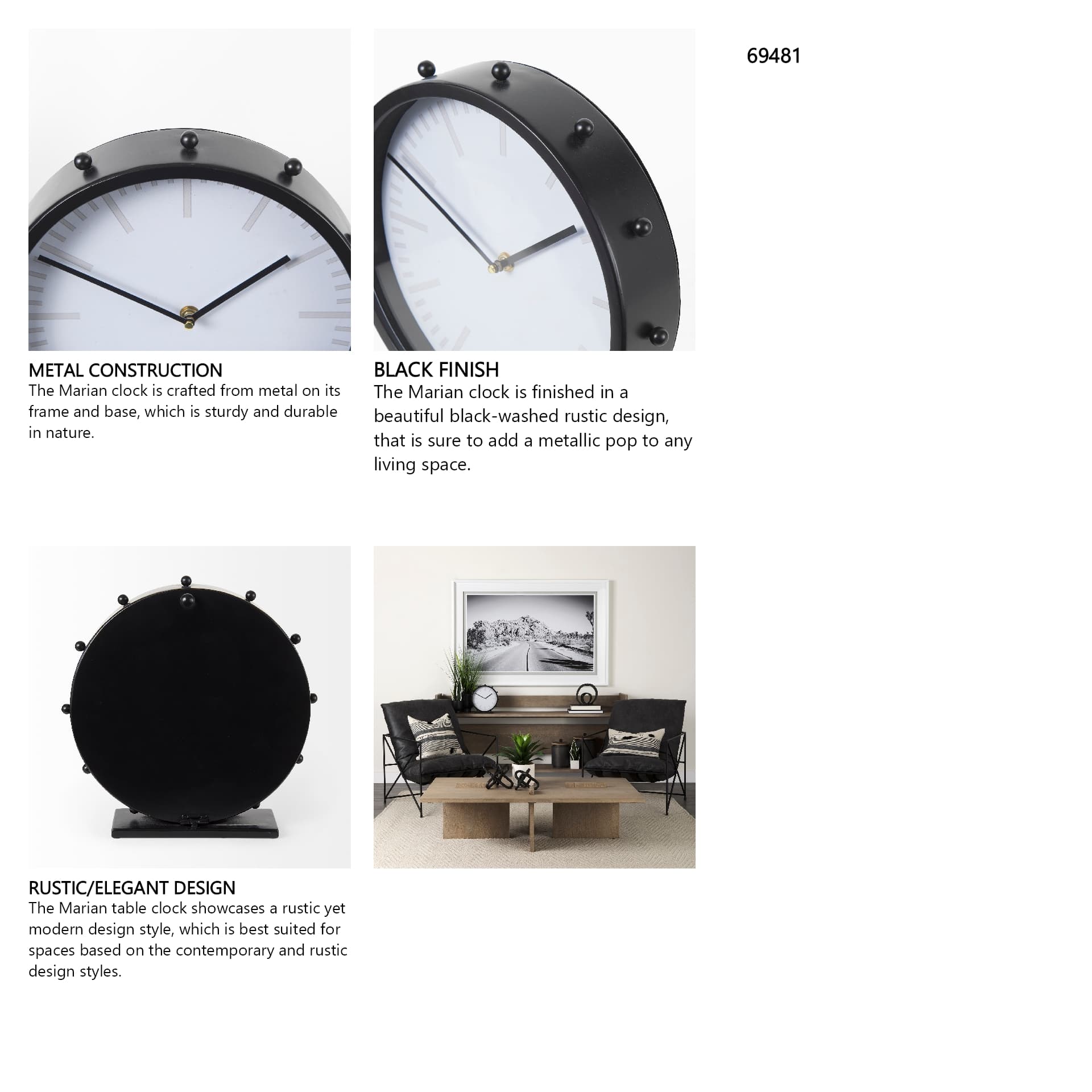 Marian 11.0L x 3.1W x 11.0H Black Studded Round Table Clock — in a styled room
