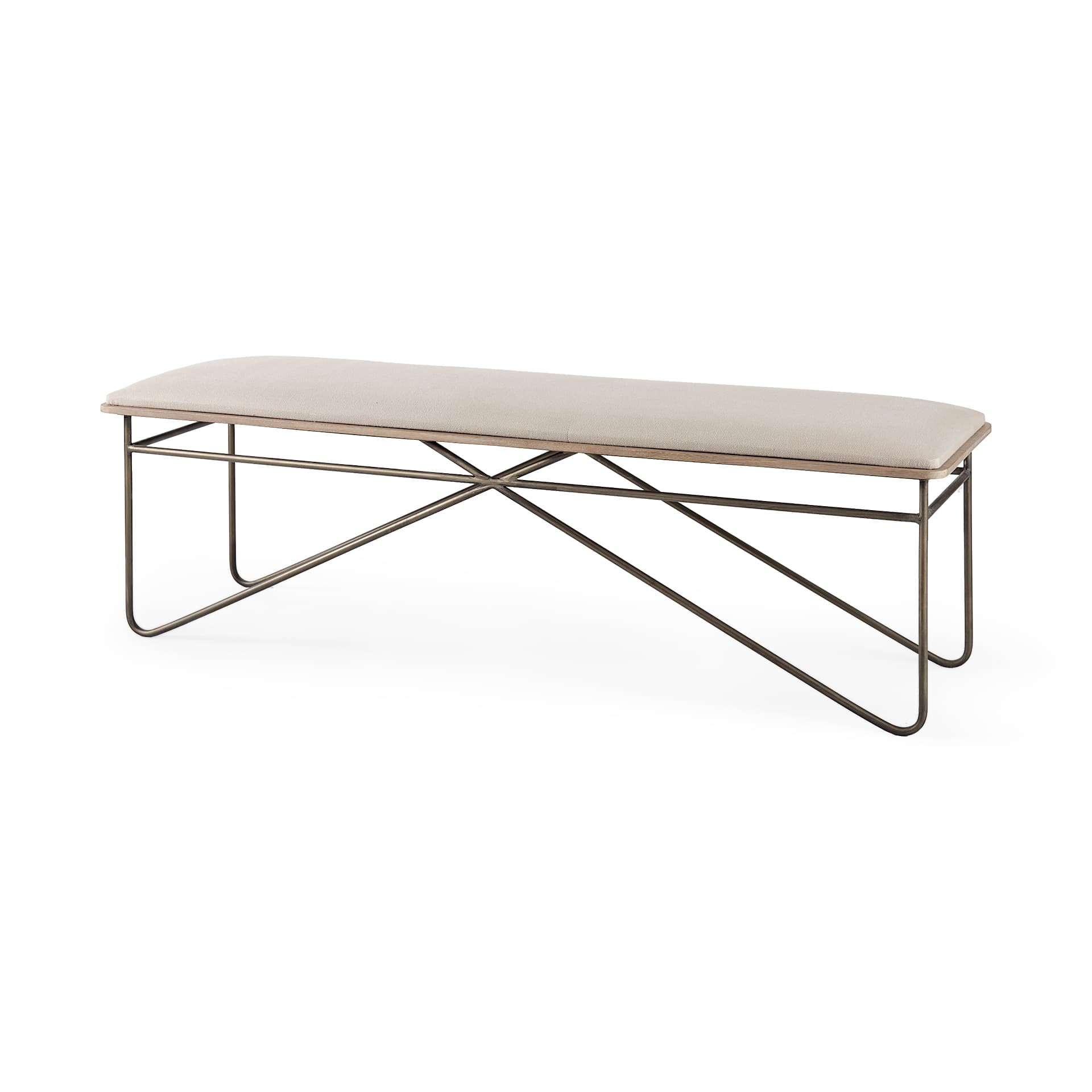 Camille 55.5L x 16.0W x 17.0H Cream Fabric Seat W/ Metal Frame Bench — product photograph