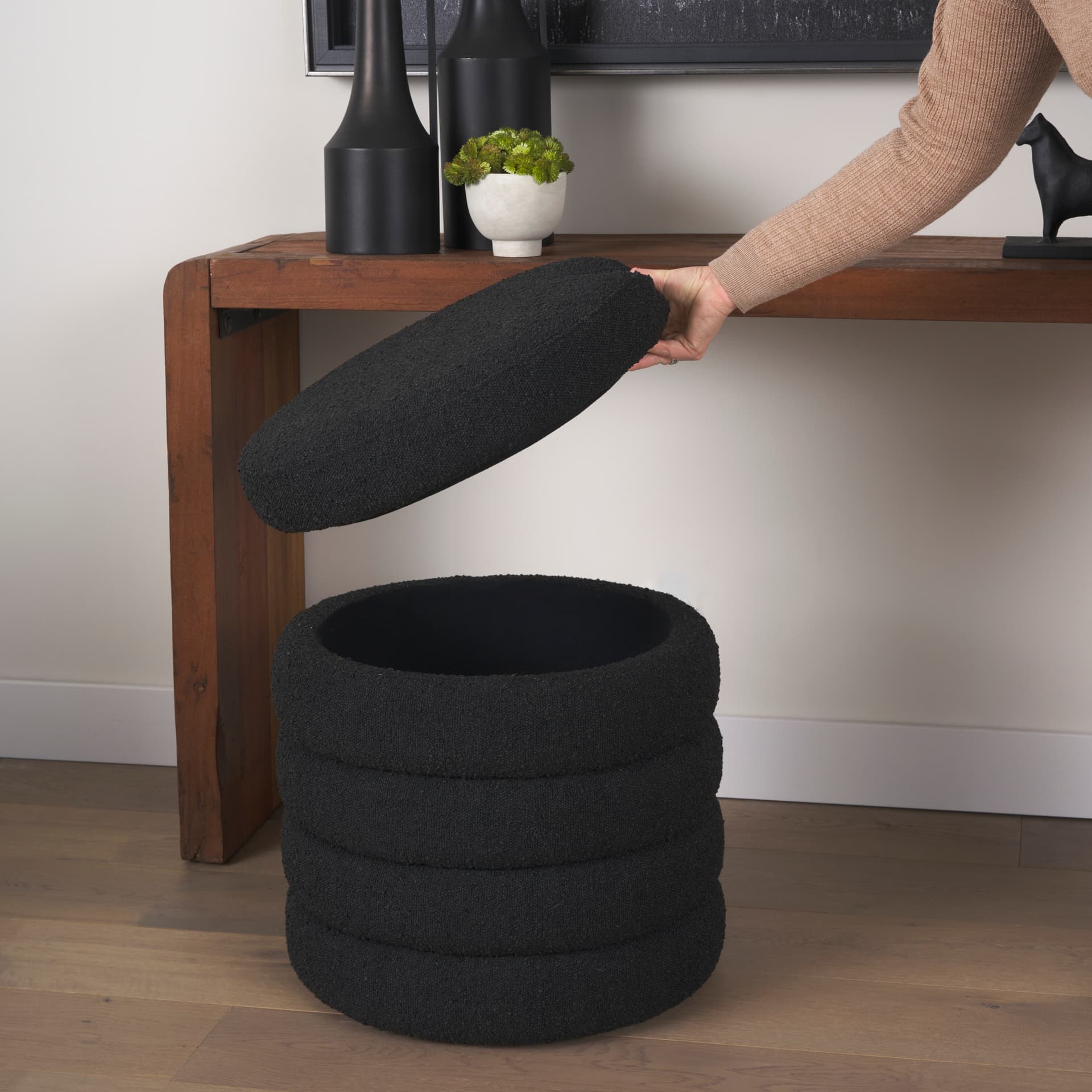 Elise Black Boucle Upholstered Storage Ottoman — product photograph