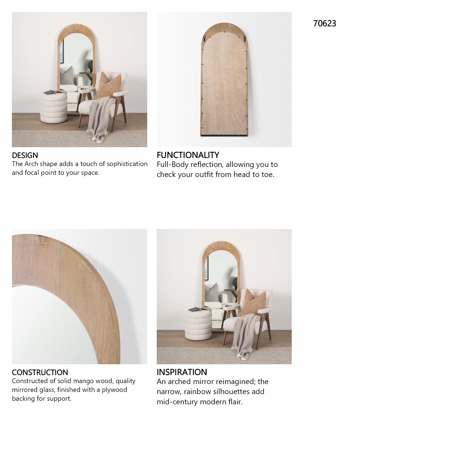 Celeste Light Brown Wood Arched Floor Mirror — product photograph
