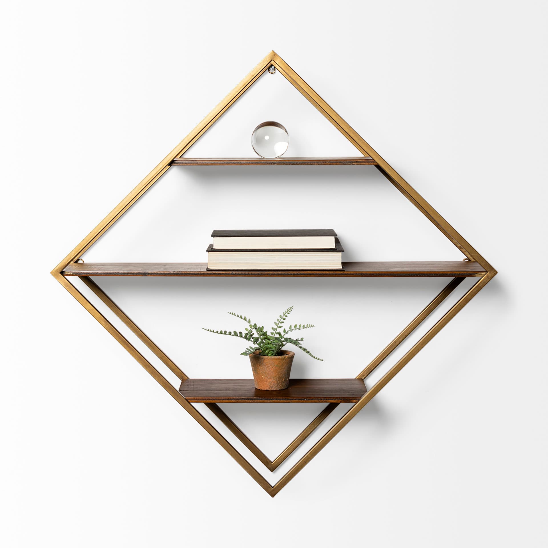 Neil I Diamond Shape Wall Mounted Brass Frame w Three Wood Wall Shelves — product photograph