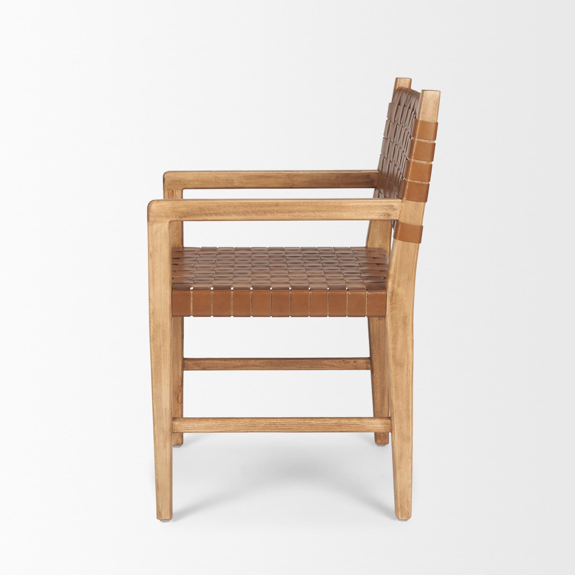Shane Curved Back Dining Arm Chair | Woven Brown Leather w/ Brown Wood — product photograph