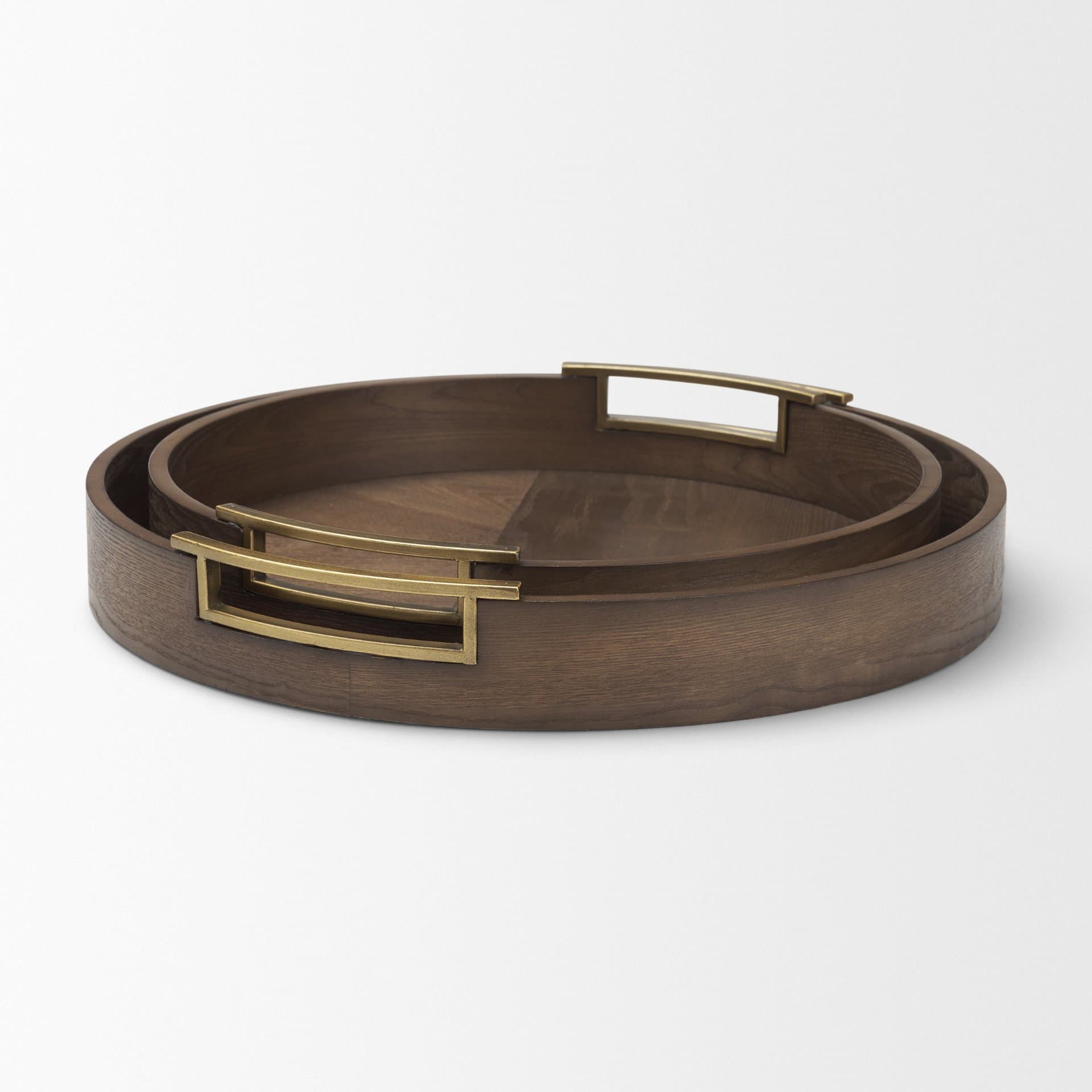 Langford Round Dark Brown Walnut Wood w/ Brass Handles Decorative Tray Set — product photograph