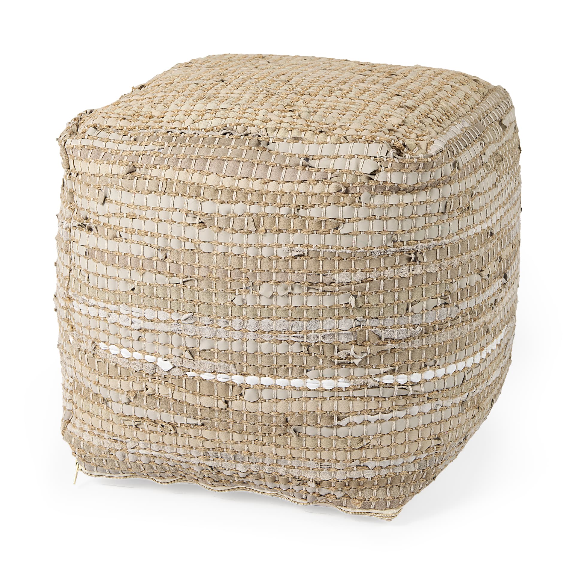 Aalia 16.0L x 16.0W x 16.0H Beige Leather and Jute Pouf — product photograph
