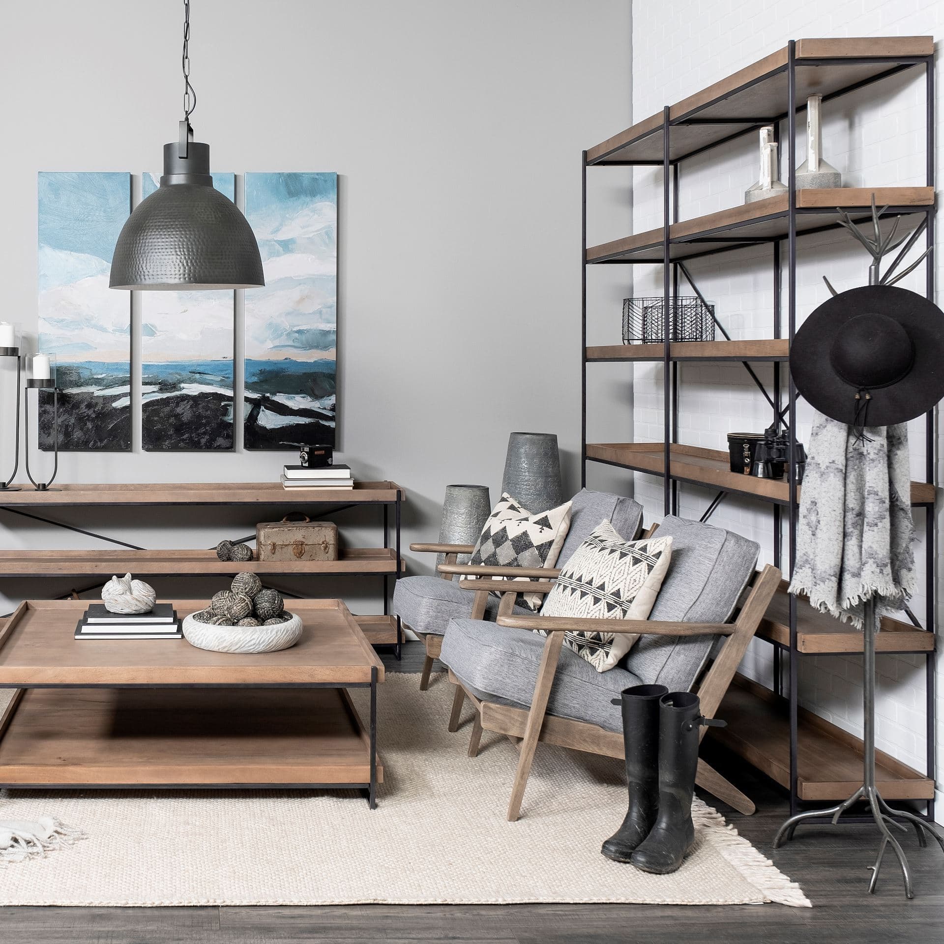 Trey IV 80L x 16W x 87.5H Medium Brown Wood and Iron Five Tray Shelf Shelving Unit — in a styled room