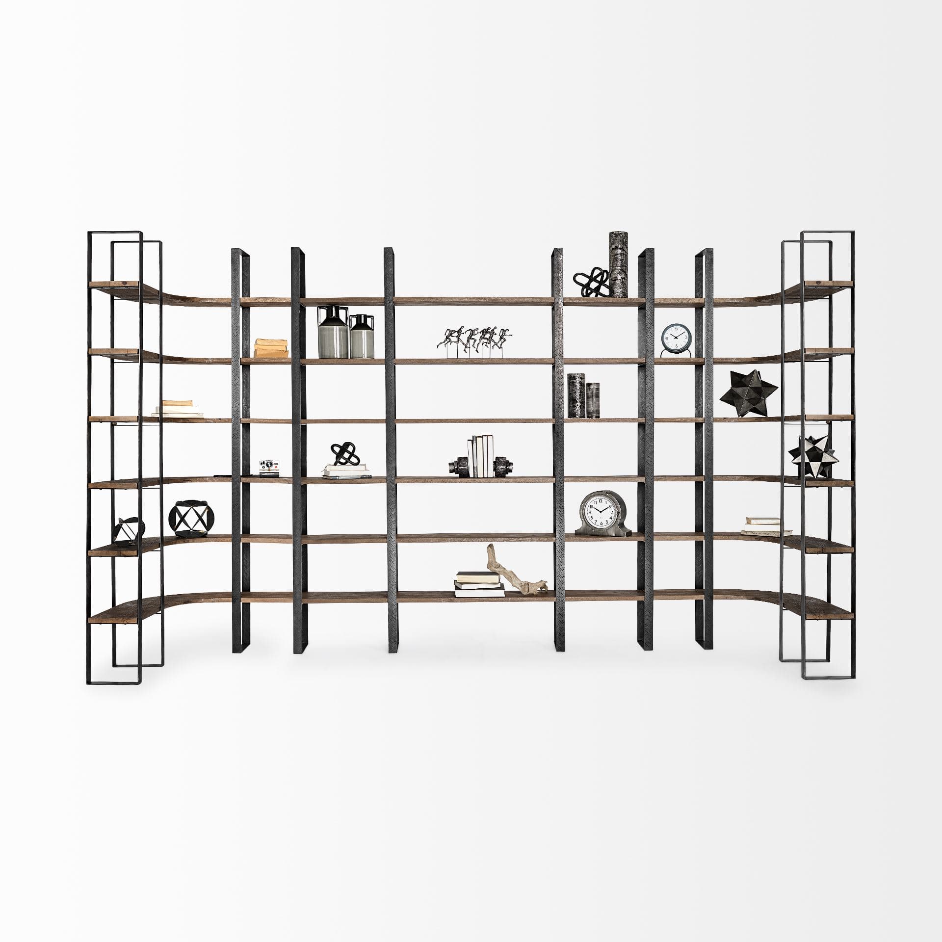 Taunton II 80L x 10.5W x 90H Dark Brown Wood And Black Iron Six Shelving Unit — product photograph