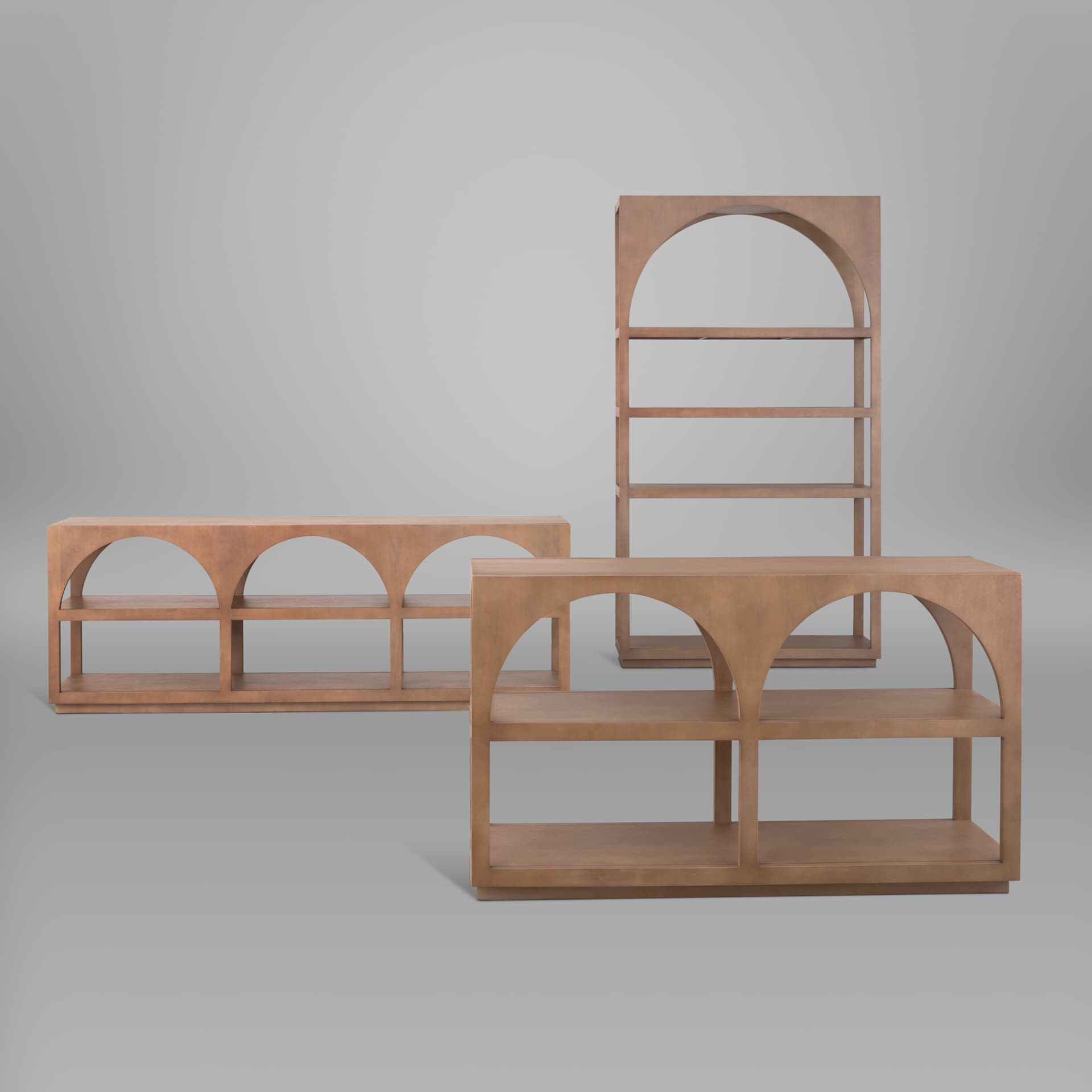 Bela Arched Shelving Unit Medium Brown Wood — in a styled room