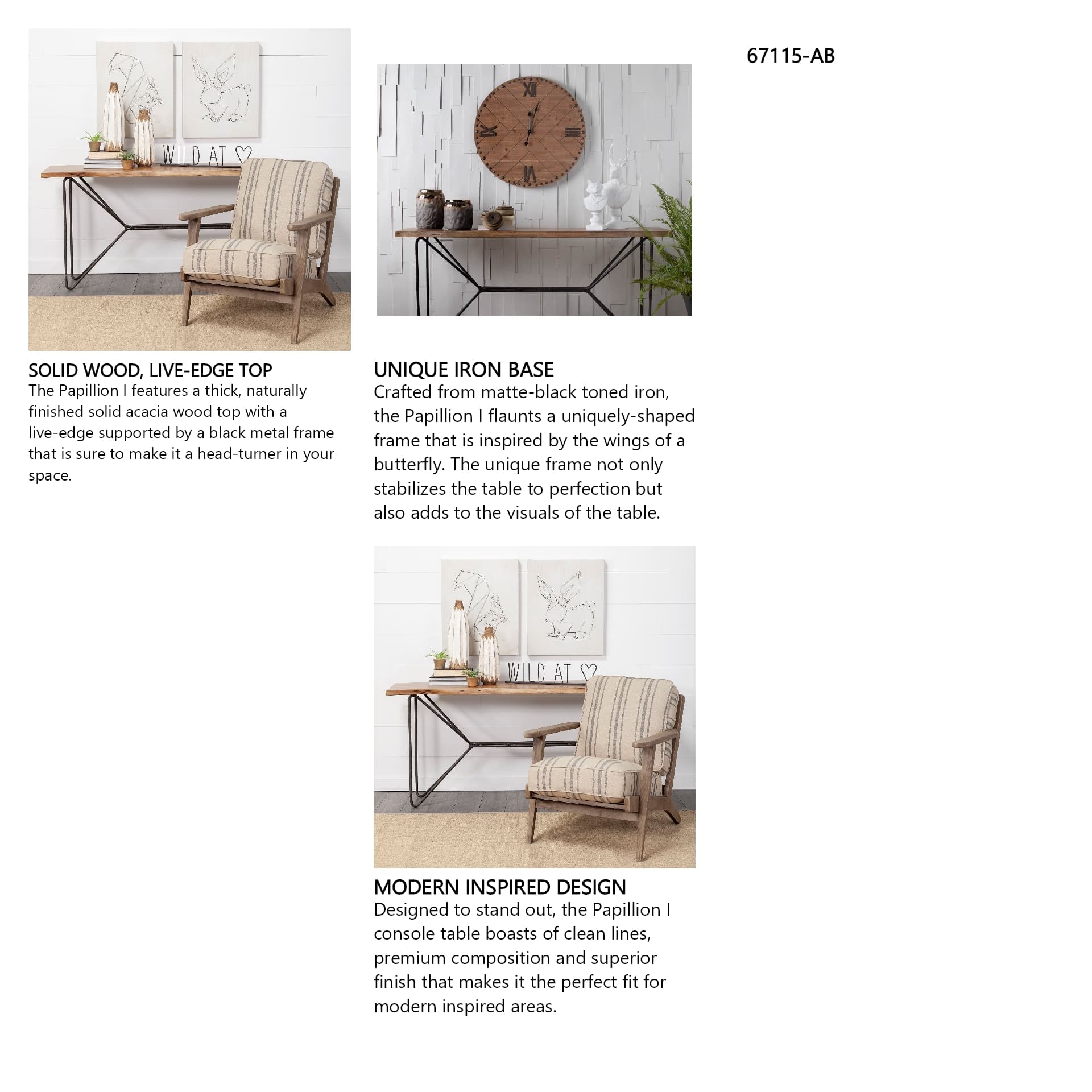 Papillion I 66L x 16W Natural Solid Wood and Iron Console Table — in a styled room