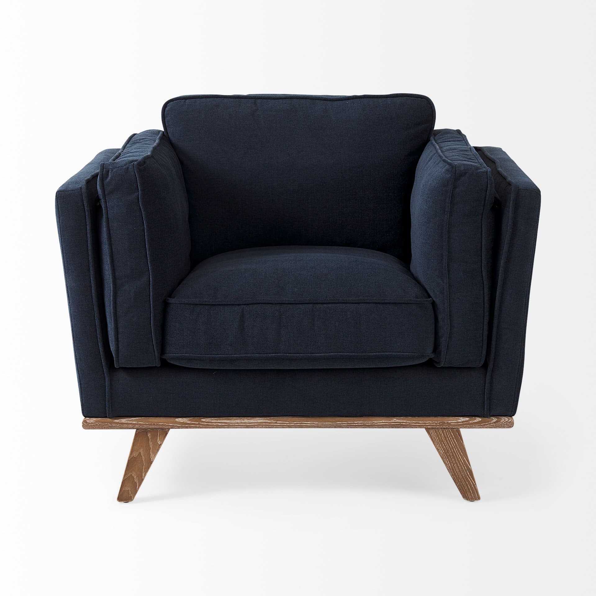 Brooks 41.7L x 34.8W x 33.5H Navy Blue Fabric Chair W/ Medium Brown Wooden Legs — product photograph