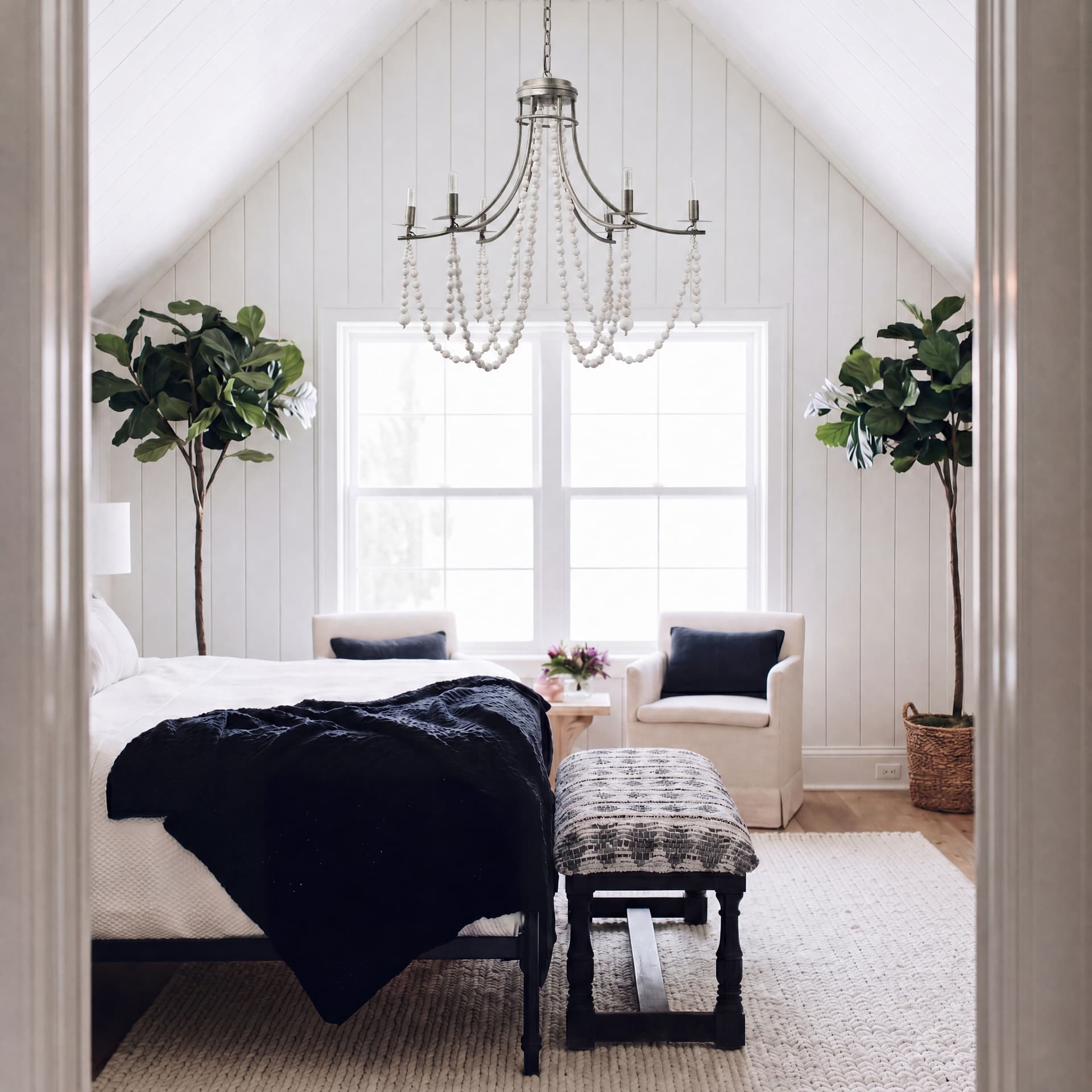 Selma White Wood Bead and Metal Chandelier — product photograph