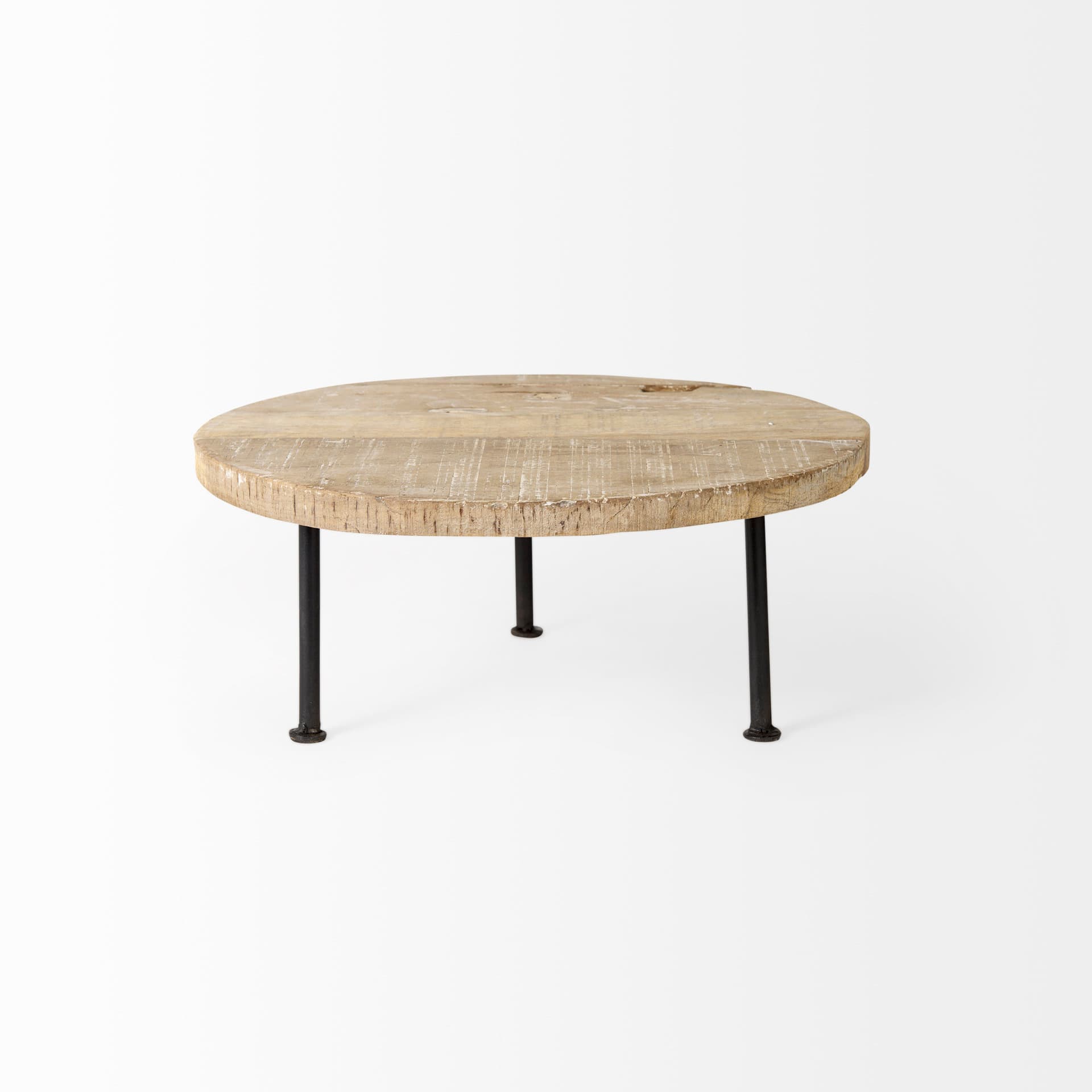 Cedric 15L x 15W x 4.5H Round Light Brown Wood w/ Black Metal Legs Decorative Display Stand — product photograph
