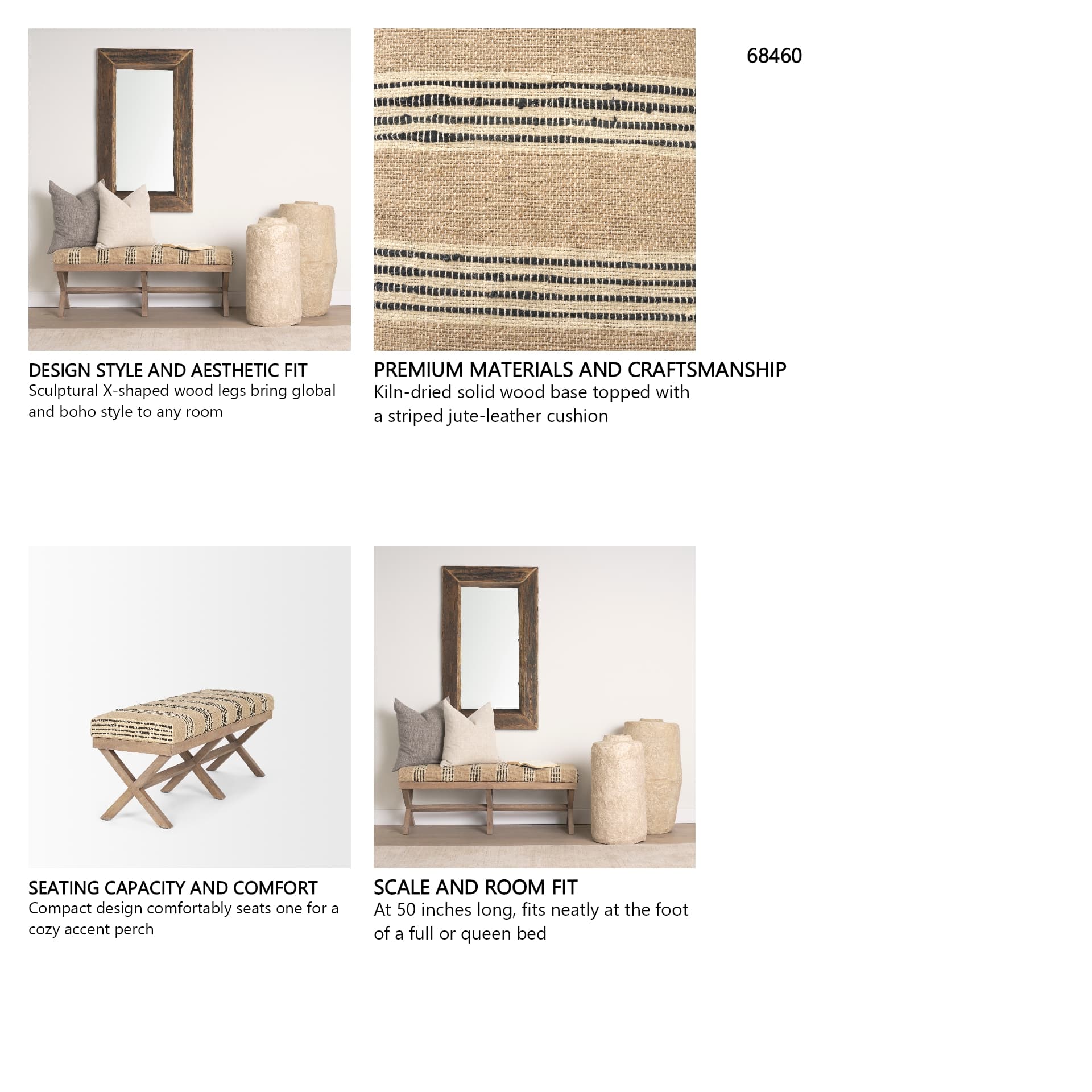 Solis 50L x 16W Brown Base Upholstered Beige/Black Stripe Seat Accent Bench — in a styled room