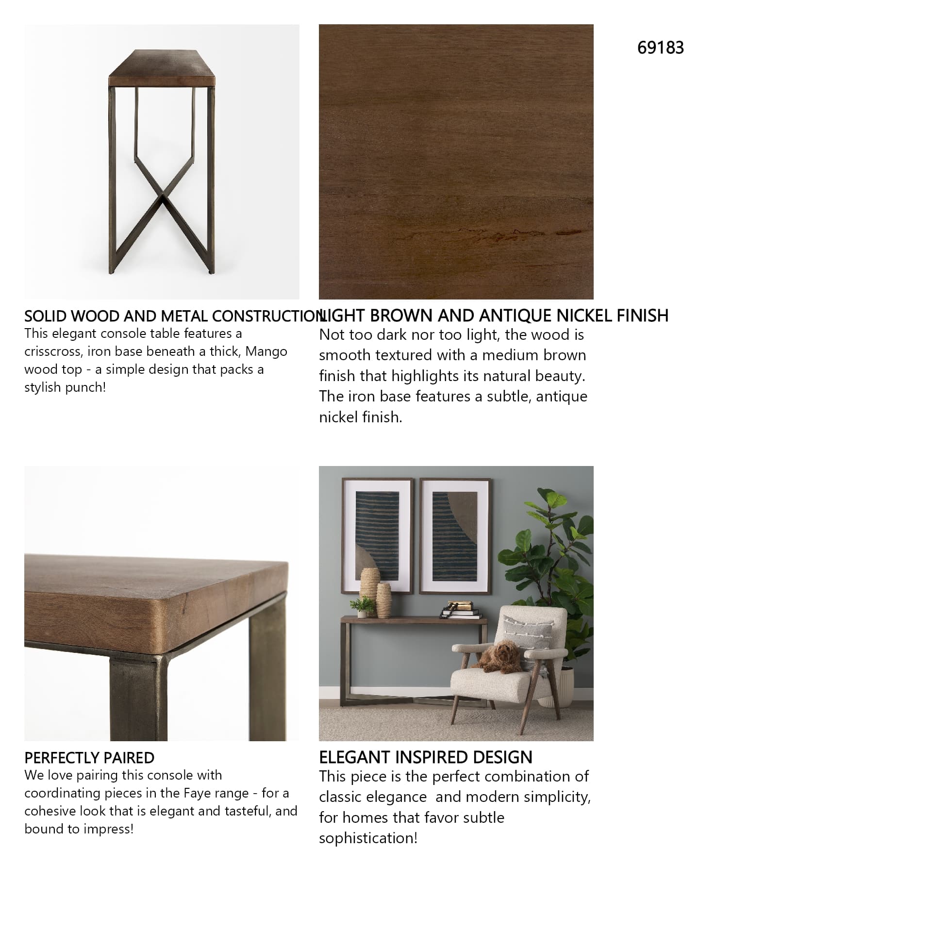 Faye 50L x 15W x 30H Medium Brown Wood W/Antique Nickel Metal Base Console Table — in a styled room