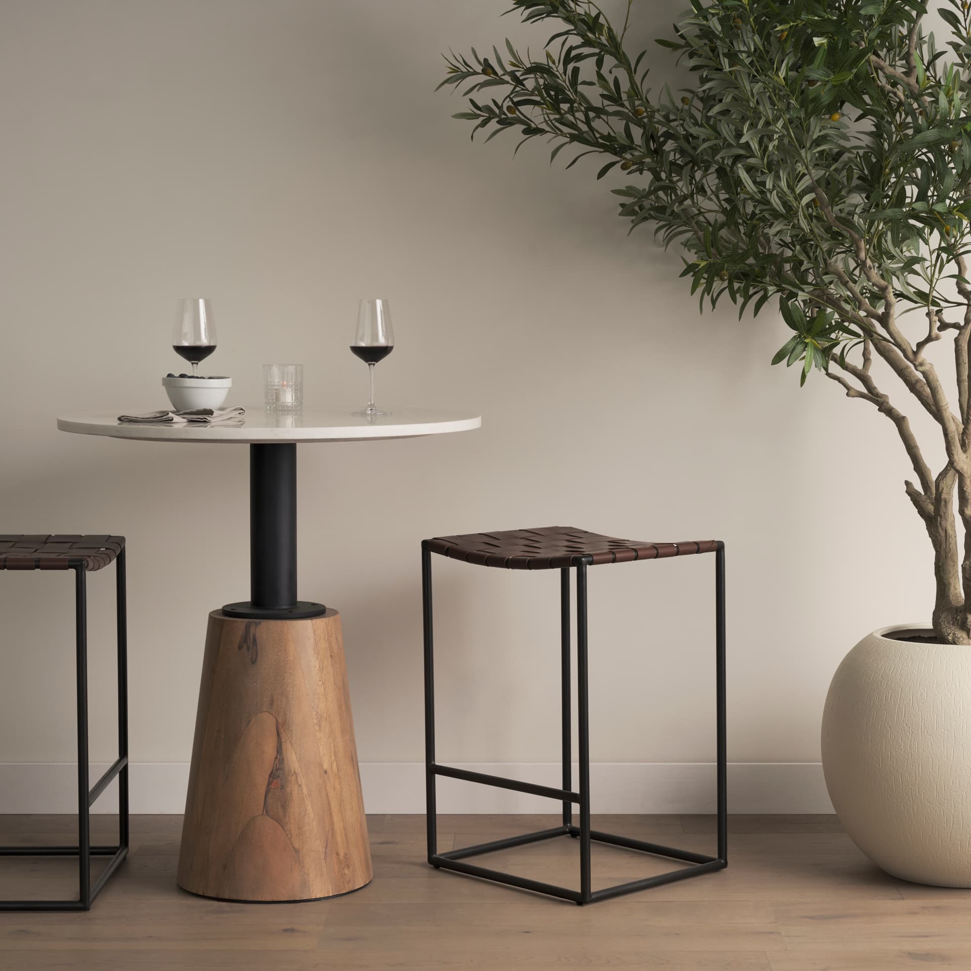 Clarissa Backless 26.25in Seat Counter Stool | Brown Leather w/ Metal — product photograph