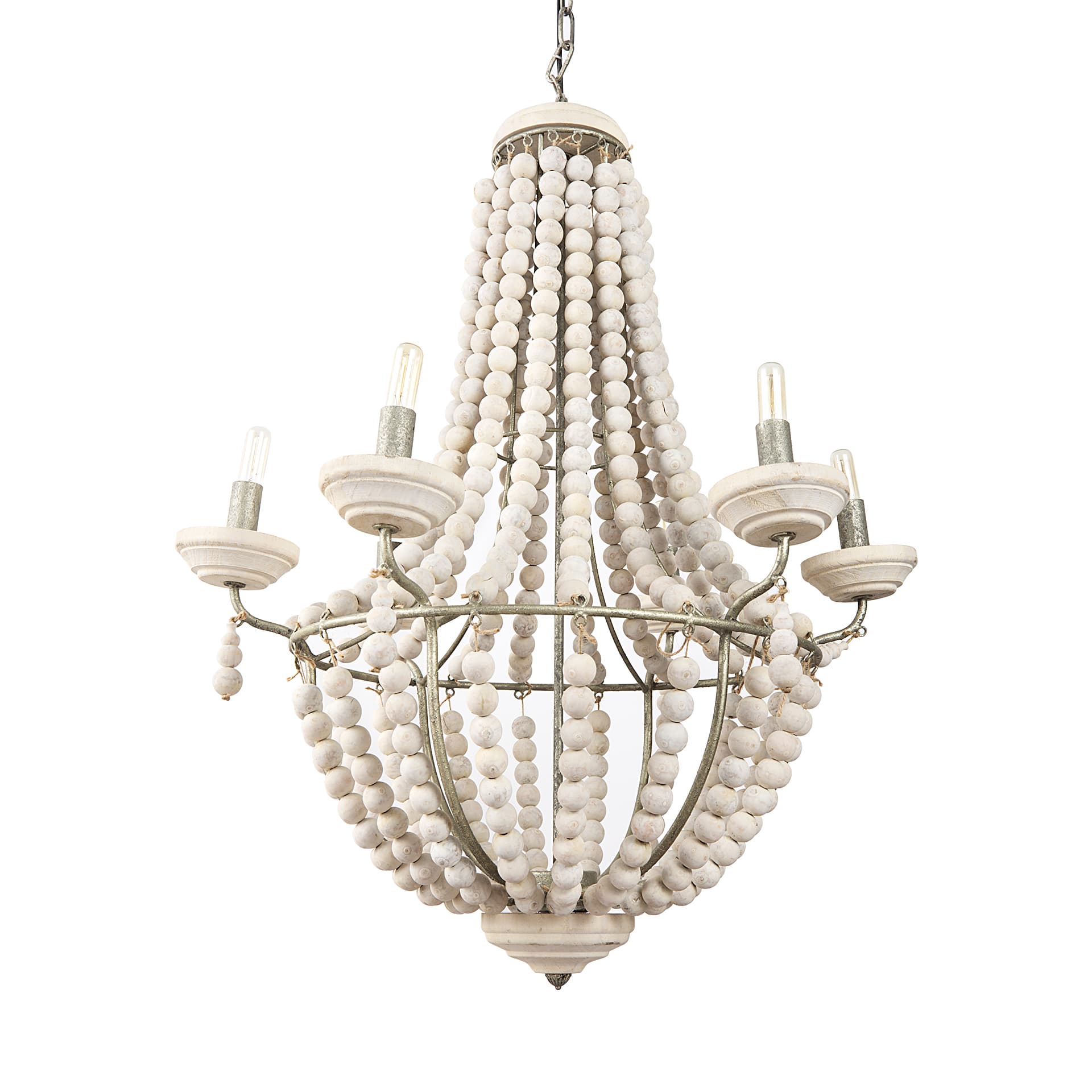 Phillum (29"x37") Silver Metal Chassis and White Wood Beaded Six Bulb Chandelier — product photograph