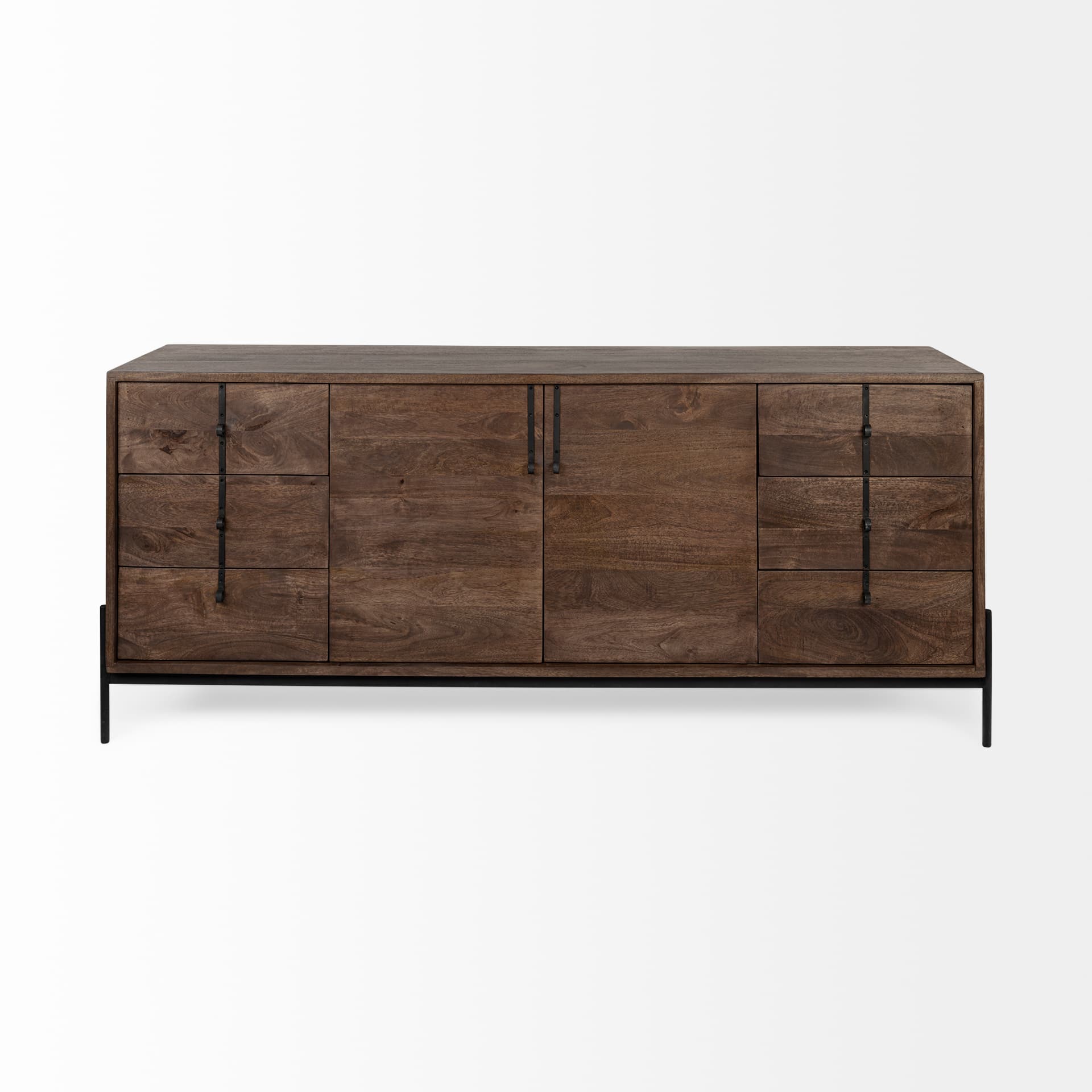 Glenn VI 71.5x18 Dark Brown Wood Frame w/ Black Iron Accent, 6 Drawer, 2 Door Cabinet Sideboard — product photograph
