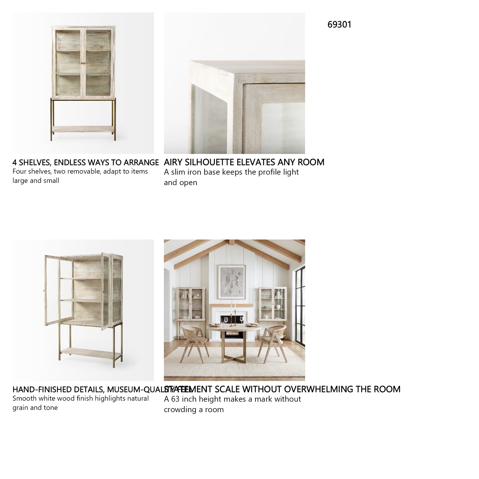 Arelius 36L x 18.75W x 63H White Wood W/ Gold Metal Base Display Cabinet — product photograph