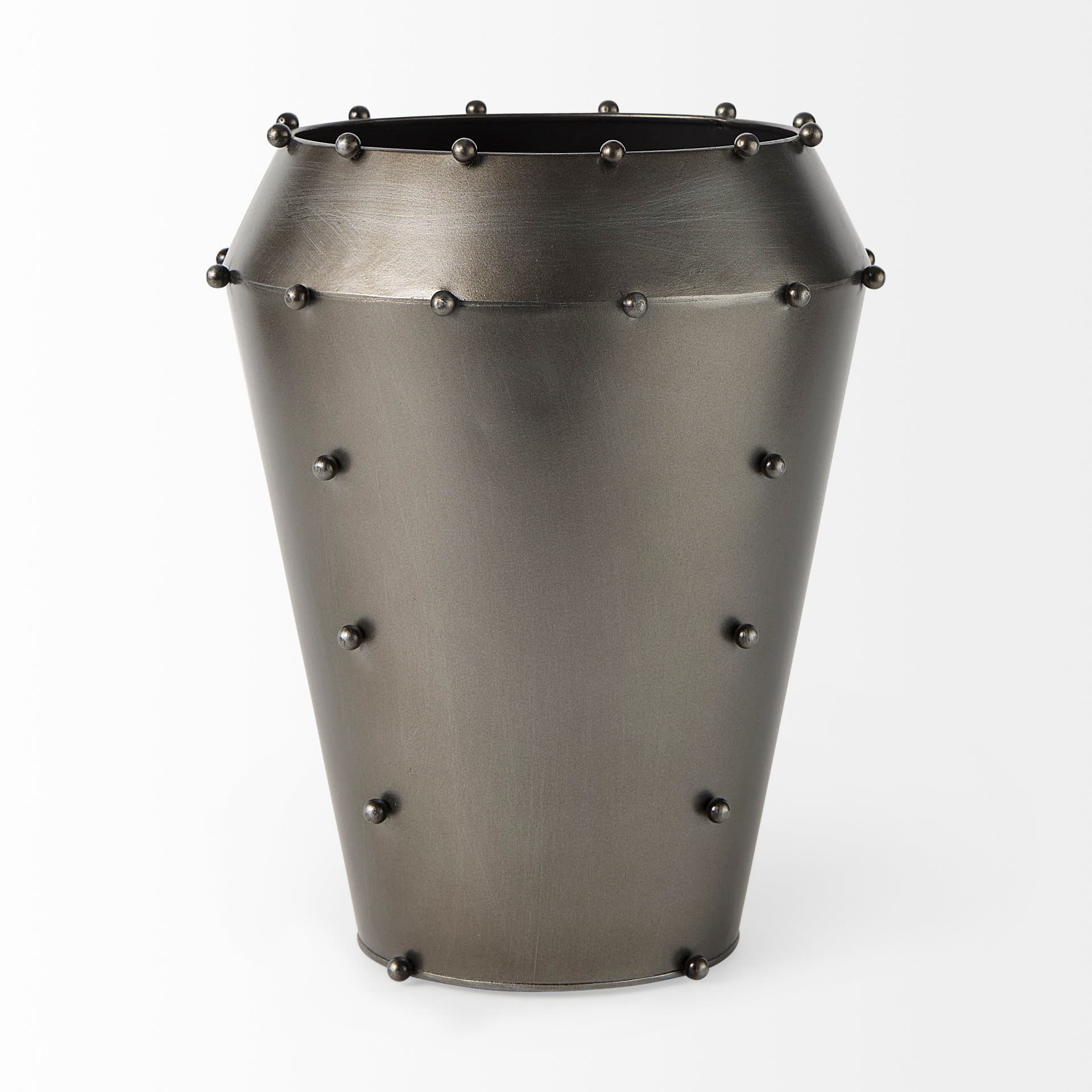 Elio 12.2H Large Gun Metal Gray Metal W/Studs Vase — product photograph