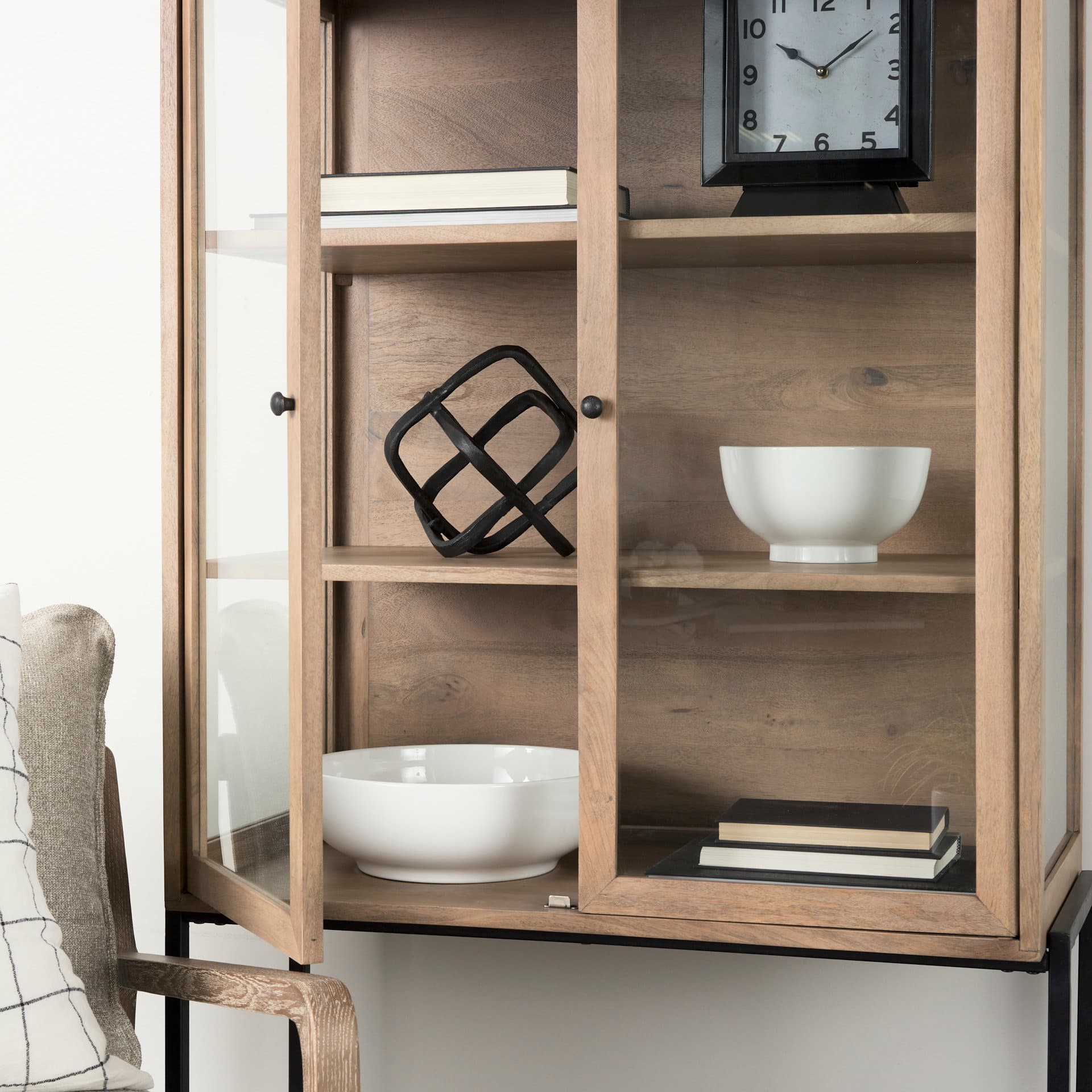Arelius 36L x 18.75W x 63H Light Brown Wood W/ Black Metal Base Display Cabinet — product photograph