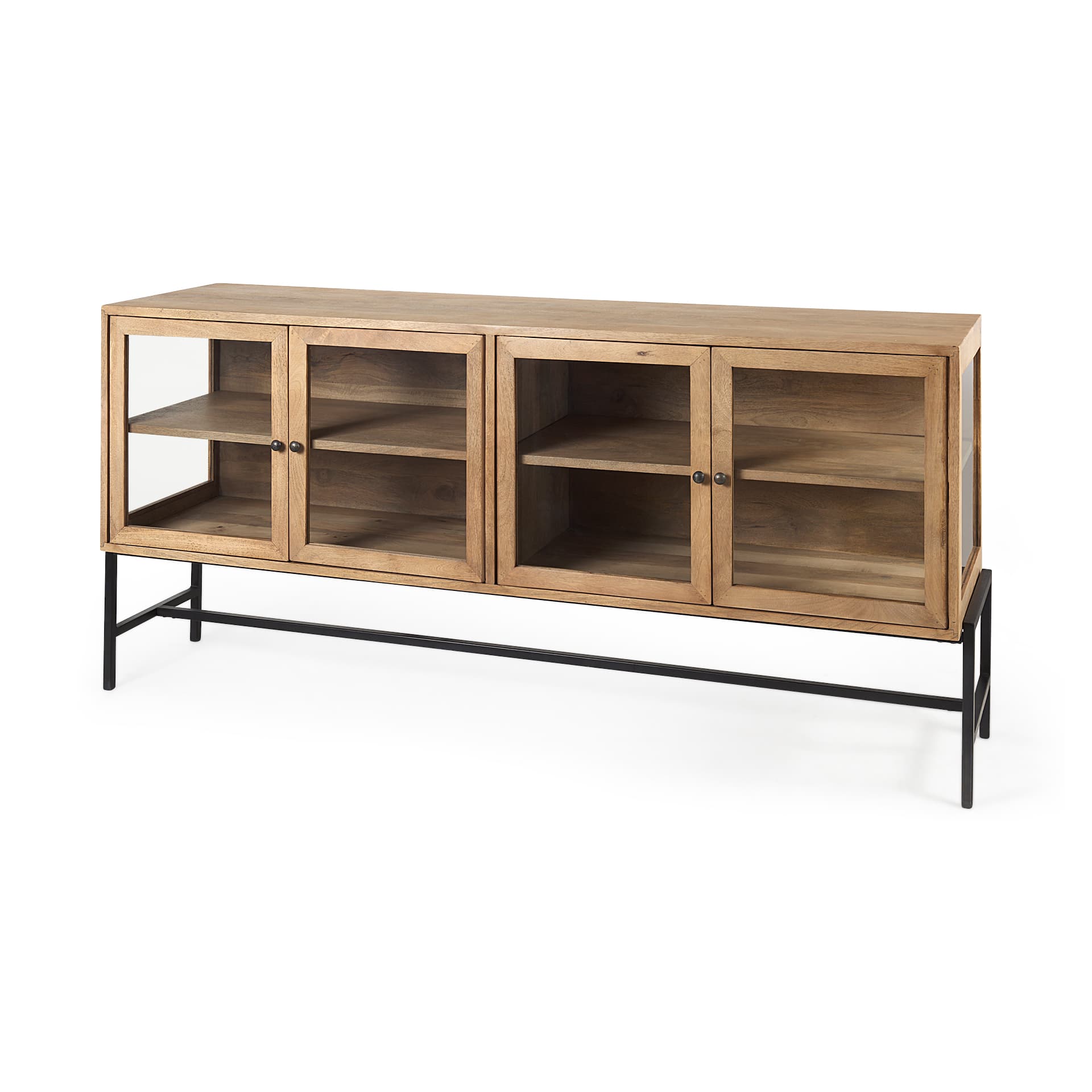 Arelius 70L x 18.75W x 32H Light Brown Wood, Black Metal Base w/ 4 Glass Cabinet Doors Sideboard — product photograph