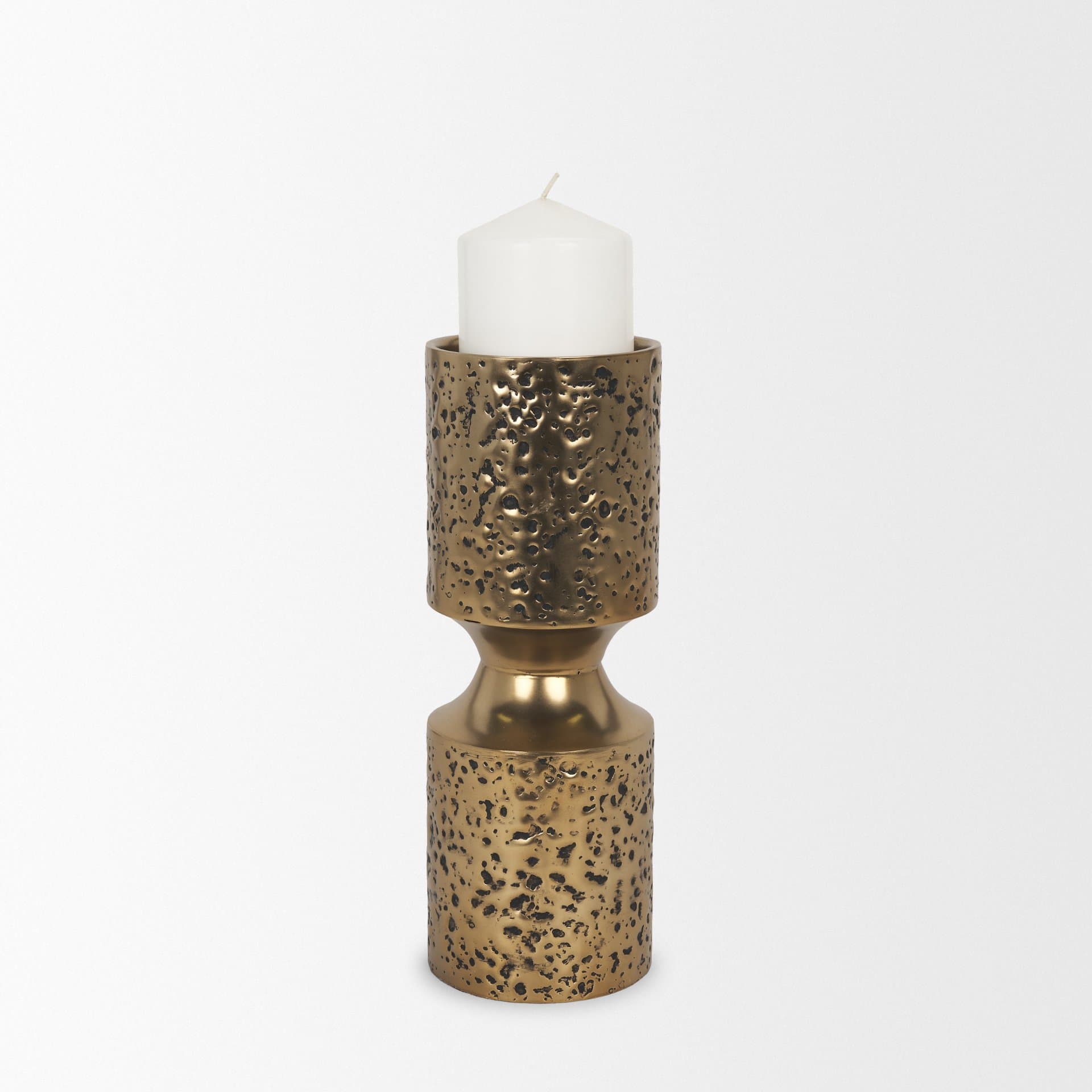 Akira Small Hammered Gold Metal Pillar Candle Holder — product photograph