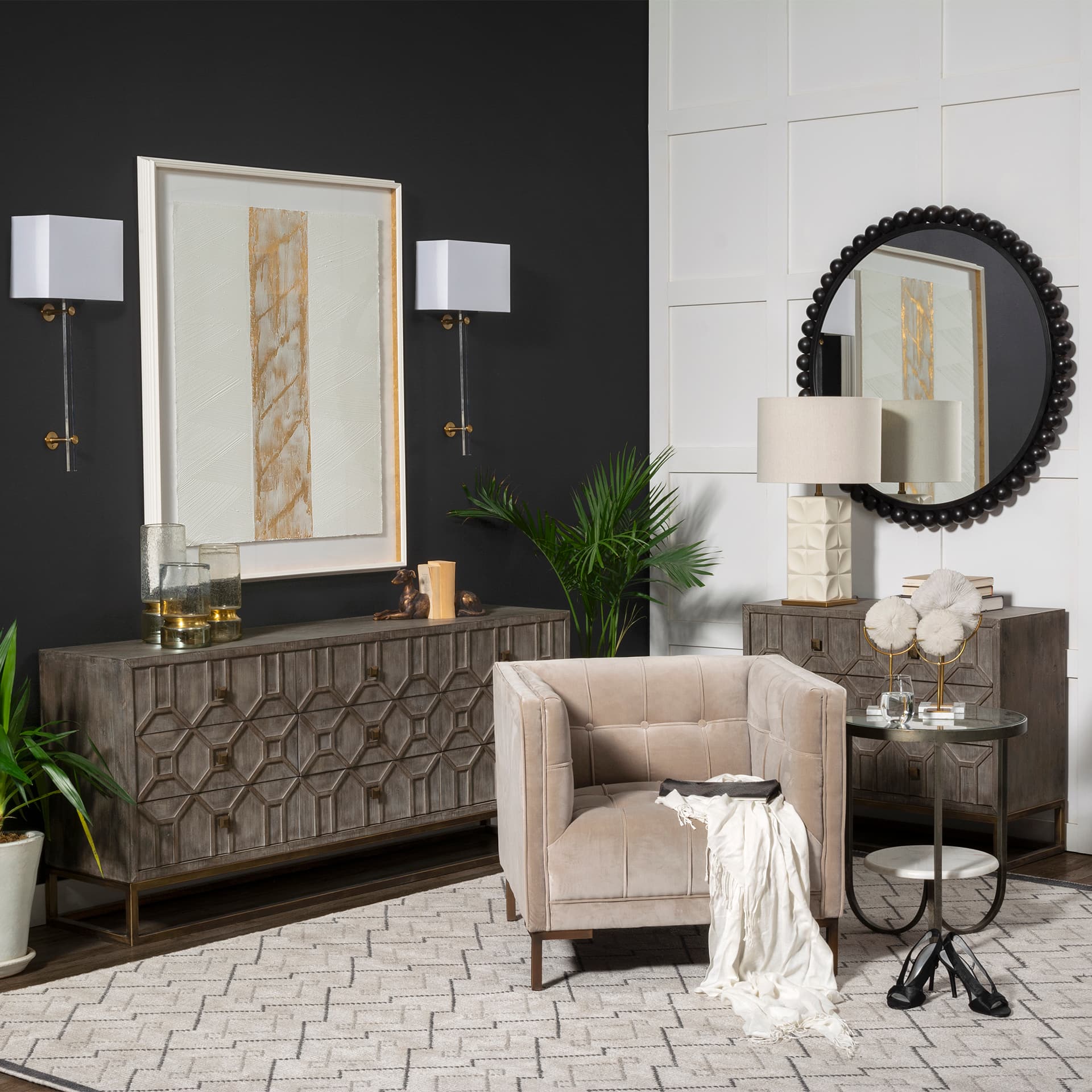Genevieve II 70x15.8 Gray Fir Veneer W/Gold Metal Frame Base 9 Drawer Sideboard — in a styled room