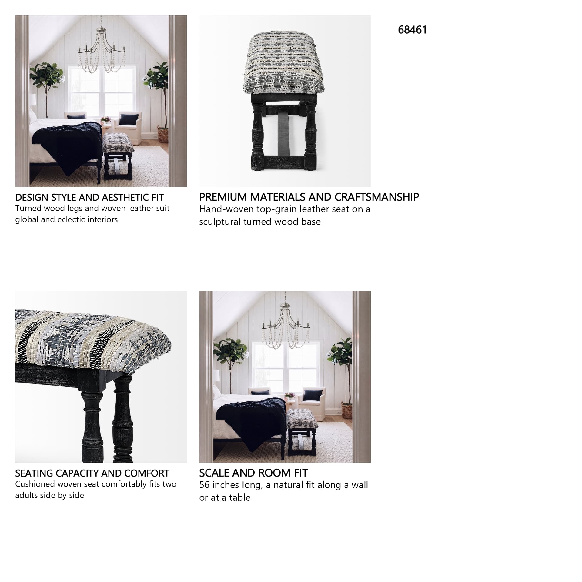 Denison II 56L x 15W Black Wood Base Woven-Leather Cushion Top Accent Bench — in a styled room