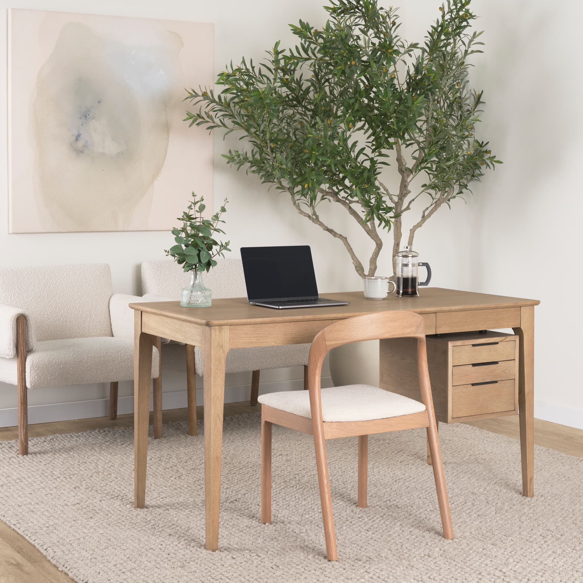Tino Light Brown Oak Wood w/ 4 Drawers Desk — in a styled room