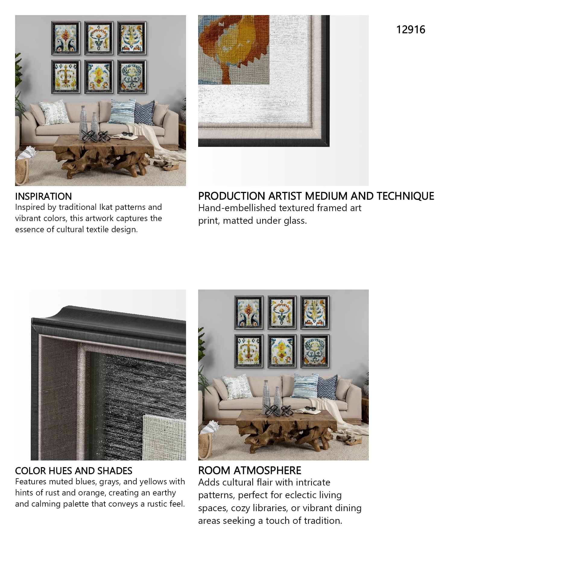 Bohemian Ikat I by Chariklia Zarris a Hand Embellished Textured Framed Art Print Matted under Glass — in a styled room